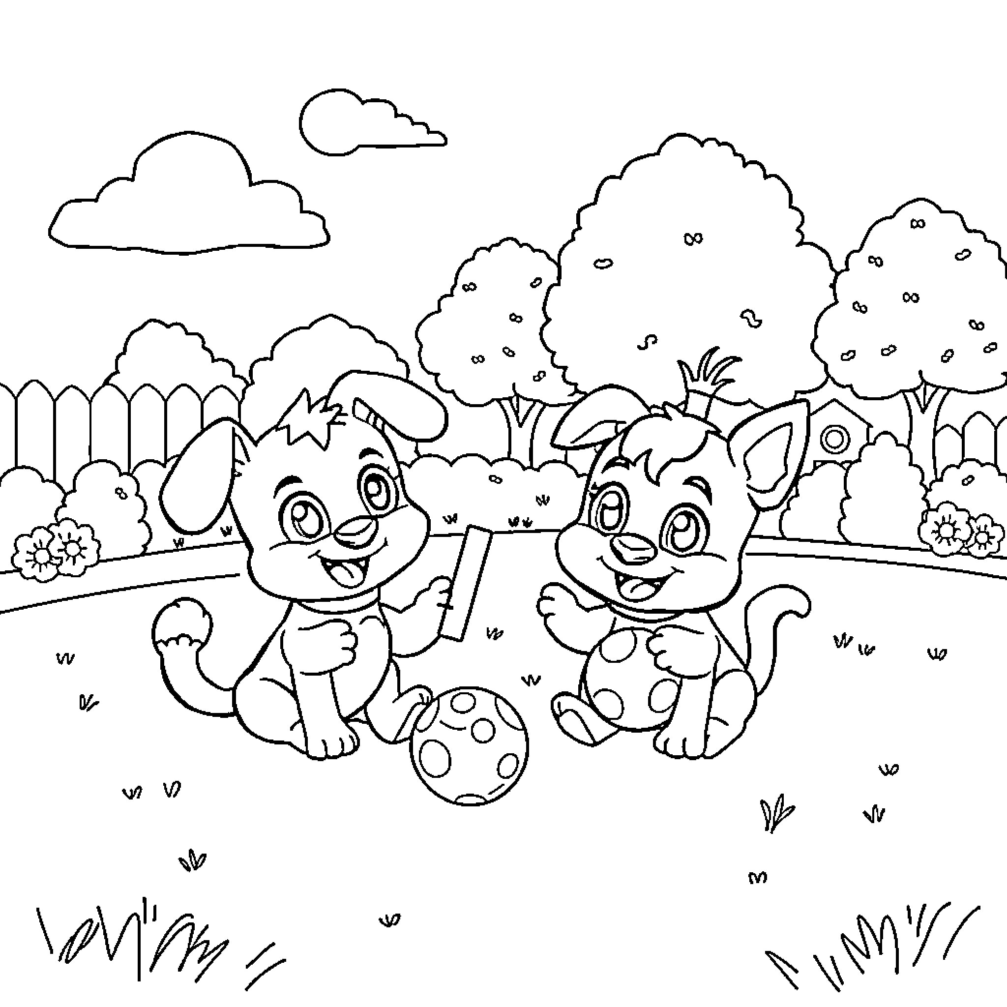 Bluey and friends playing joyfully in the backyard Coloring Page (free black-and-white line drawing printable PDF for all, from beginners to advanced learners, including children, teens, adults, and seniors)