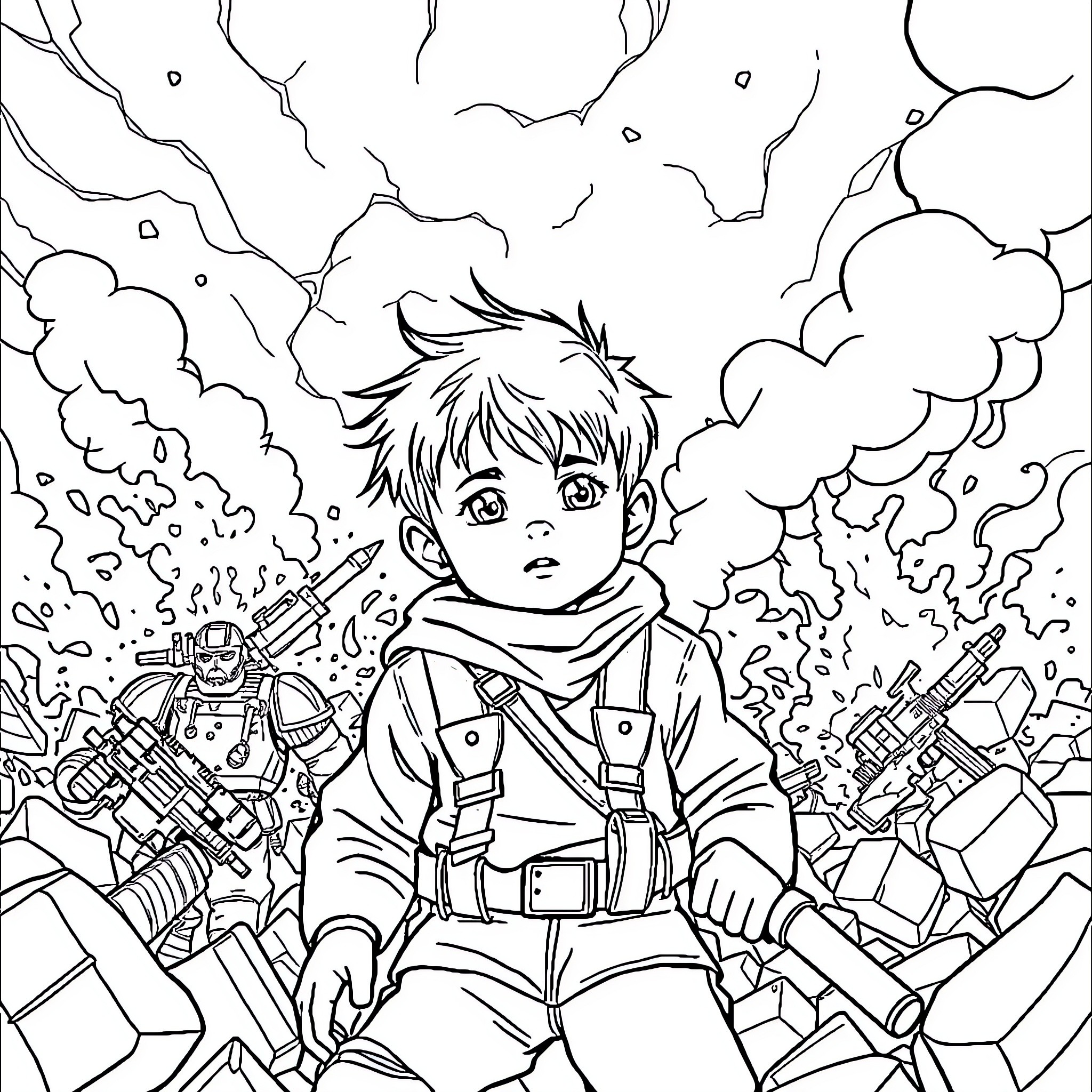 Child in Distress Amid Chaos and Destruction Coloring Page (free black-and-white line drawing printable PDF for all, from beginners to advanced learners, including children, teens, adults, and seniors)