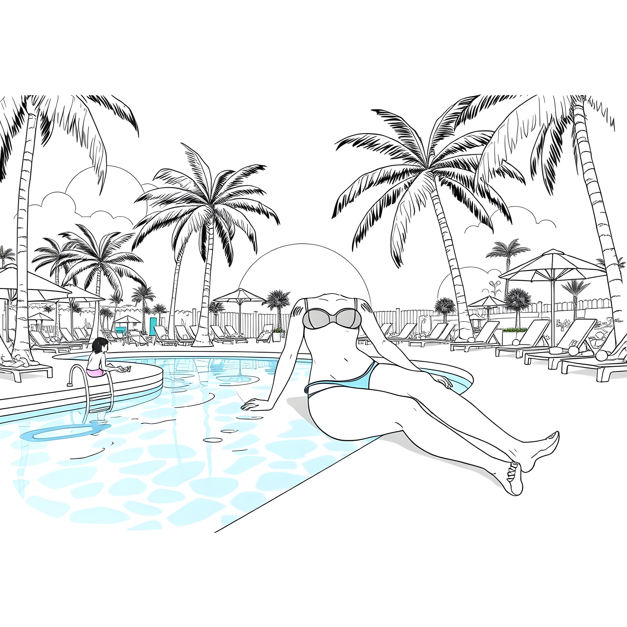 Hinata relaxing by the poolside under palm trees Coloring Page (free black-and-white line drawing printable PDF for all, from beginners to advanced learners, including children, teens, adults, and seniors)