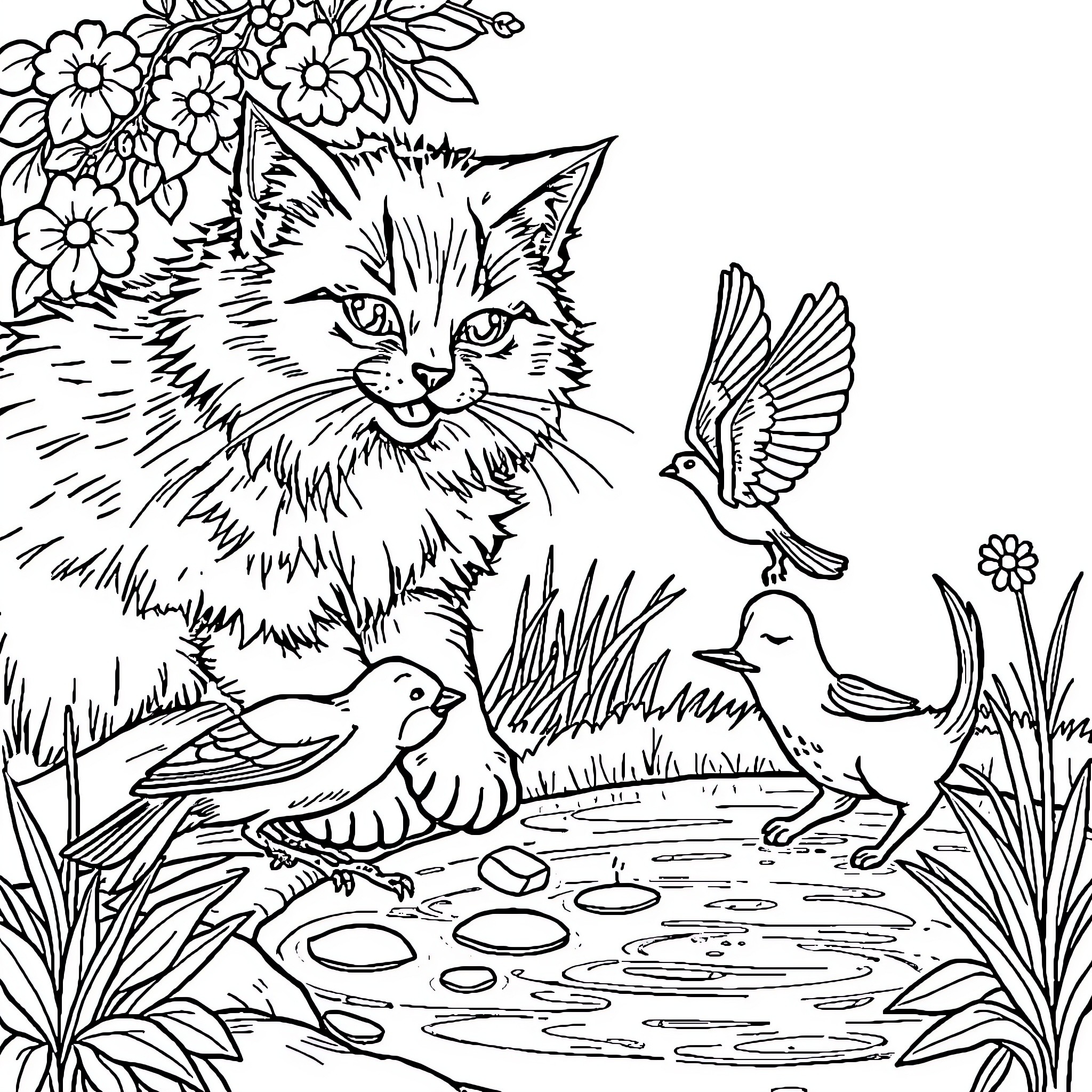 Cat watching birds in a floral garden Coloring Page (free black-and-white line drawing printable PDF for all, from beginners to advanced learners, including children, teens, adults, and seniors)