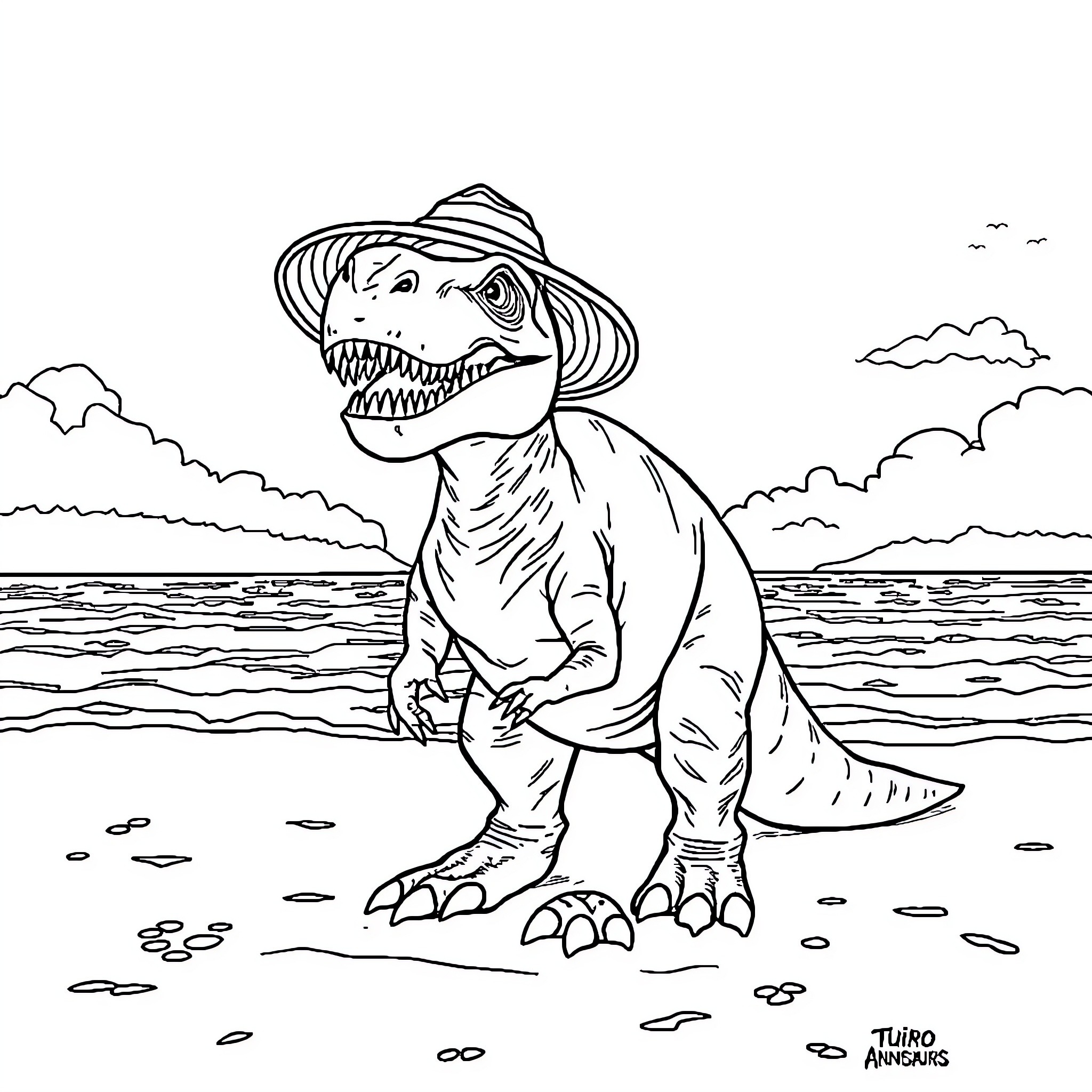 T-Rex explorer in seaside landscape Coloring Page (free black-and-white line drawing printable PDF for all, from beginners to advanced learners, including children, teens, adults, and seniors)