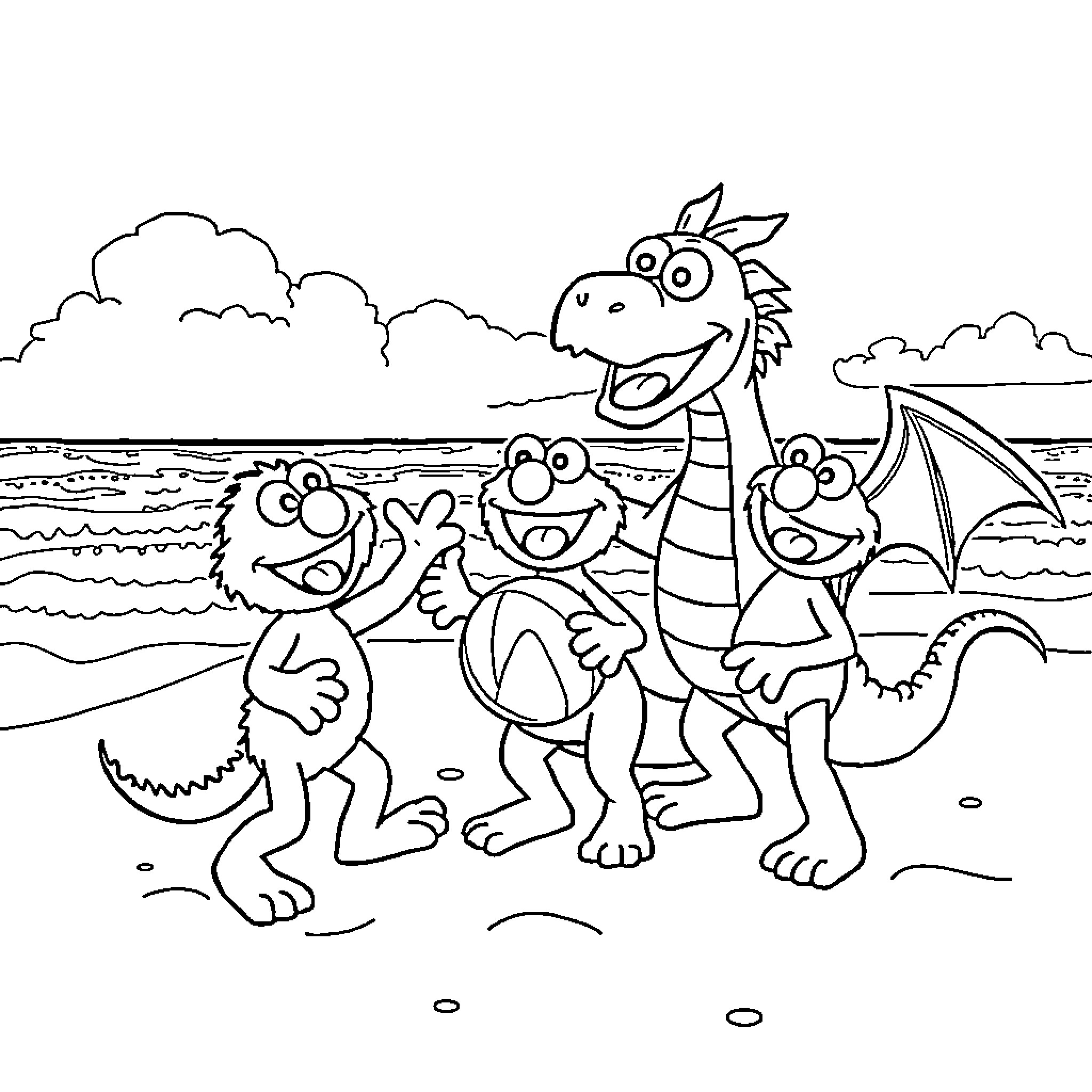 Elmo and friends enjoying a beach day Coloring Page (free black-and-white line drawing printable PDF for all, from beginners to advanced learners, including children, teens, adults, and seniors)
