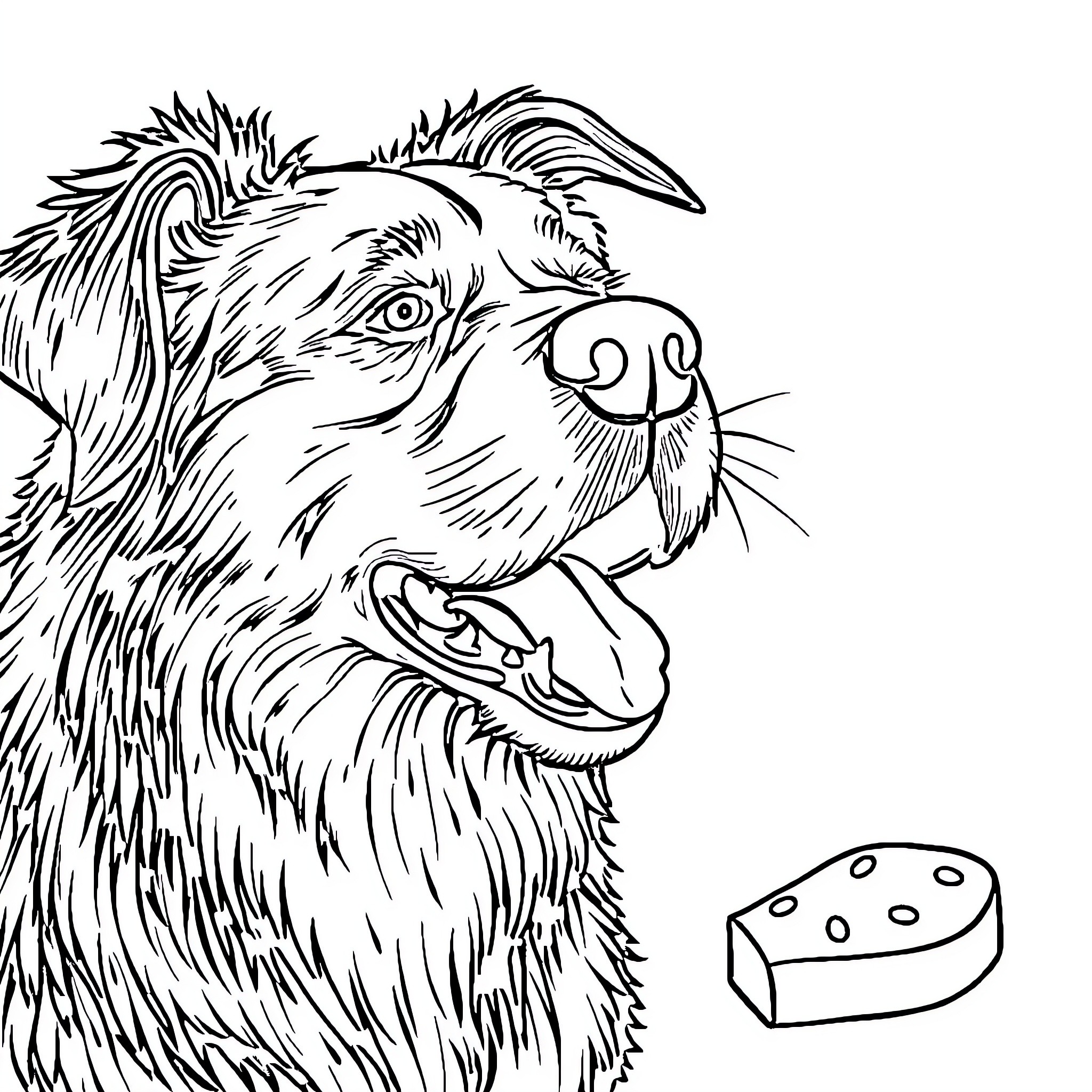 Dog Eagerly Looking at Cheese Treat Coloring Page (free black-and-white line drawing printable PDF for all, from beginners to advanced learners, including children, teens, adults, and seniors)