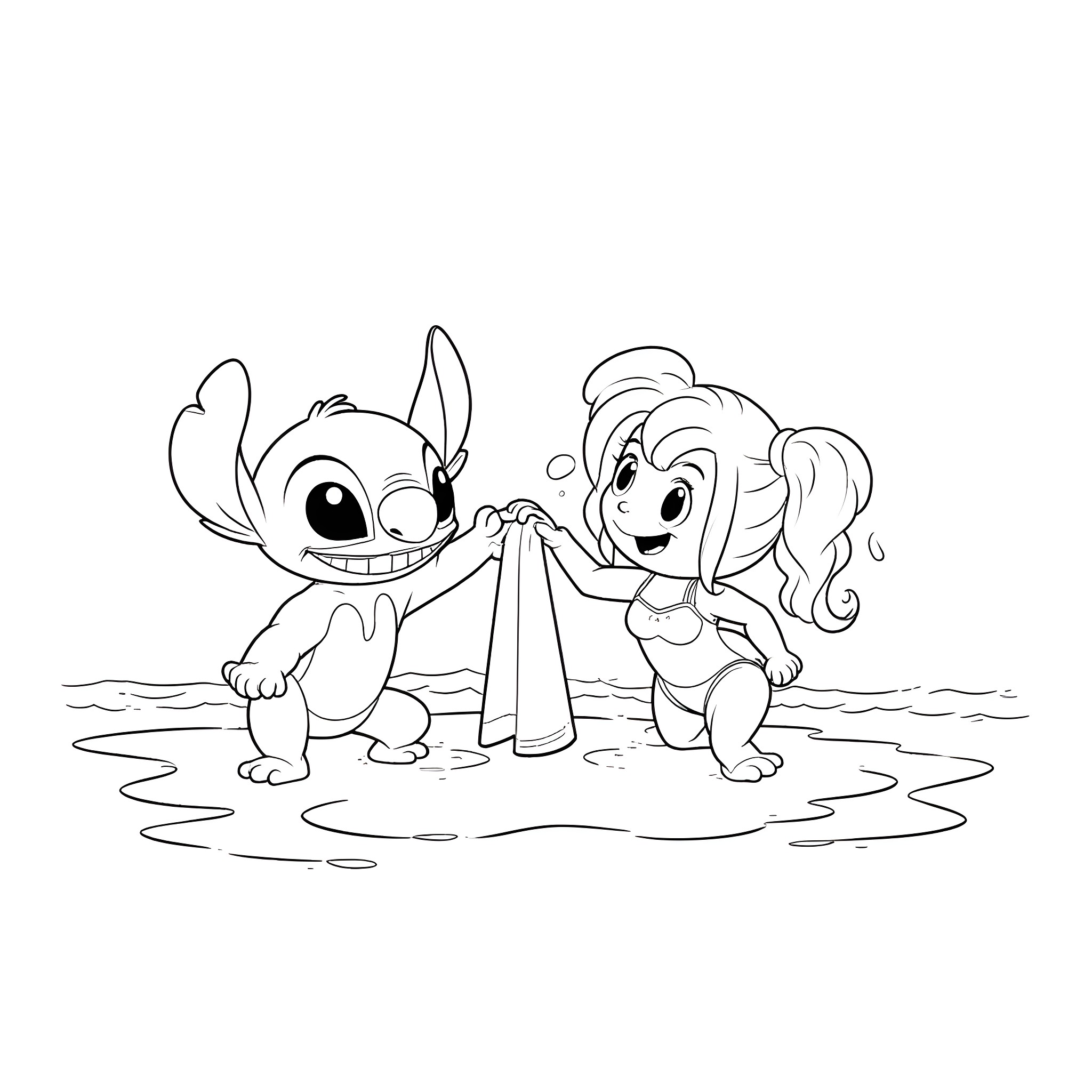 Stitch and Lilo playing together in the water Coloring Page (free black-and-white line drawing printable PDF for all, from beginners to advanced learners, including children, teens, adults, and seniors)