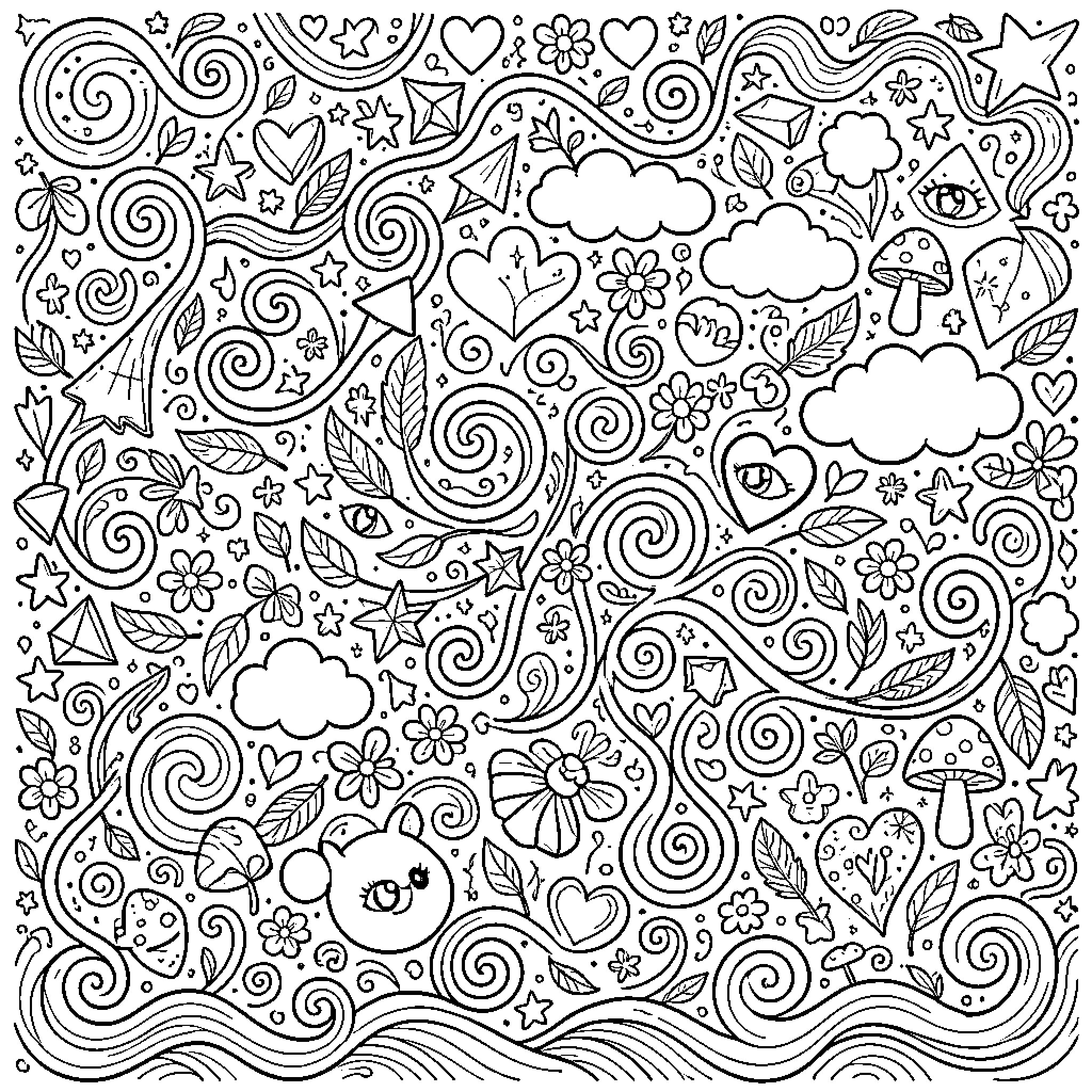 Doodle of whimsical swirling patterns with hearts and clouds Coloring Page (free black-and-white line drawing printable PDF for all, from beginners to advanced learners, including children, teens, adults, and seniors)