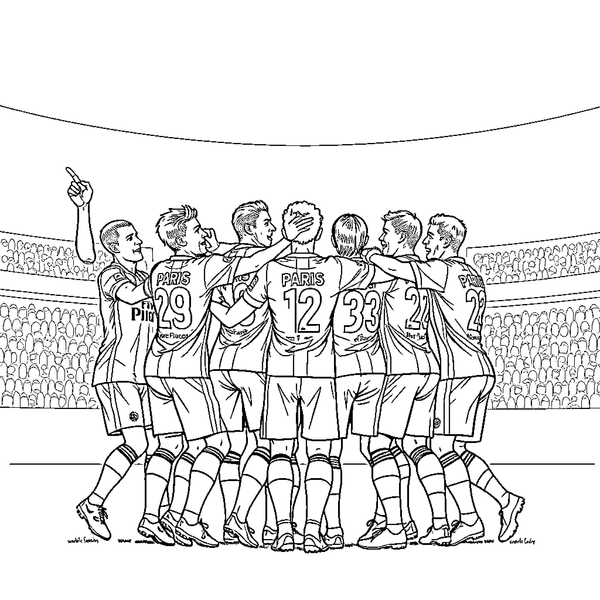 PSG Players Celebrating Victory on the Pitch Coloring Page (free black-and-white line drawing printable PDF for all, from beginners to advanced learners, including children, teens, adults, and seniors)