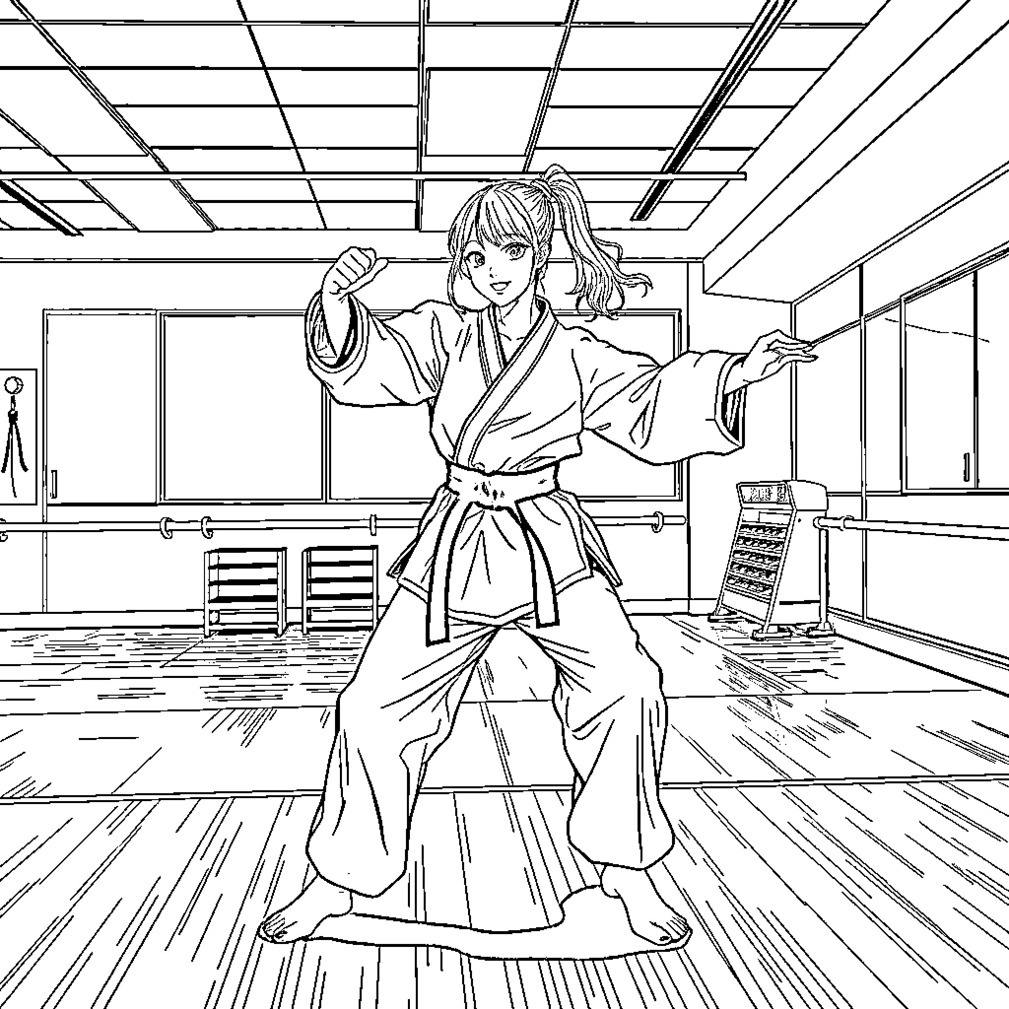 K Pop Martial Artist Demonstration in Dojo Coloring Page (free black-and-white line drawing printable PDF for all, from beginners to advanced learners, including children, teens, adults, and seniors)