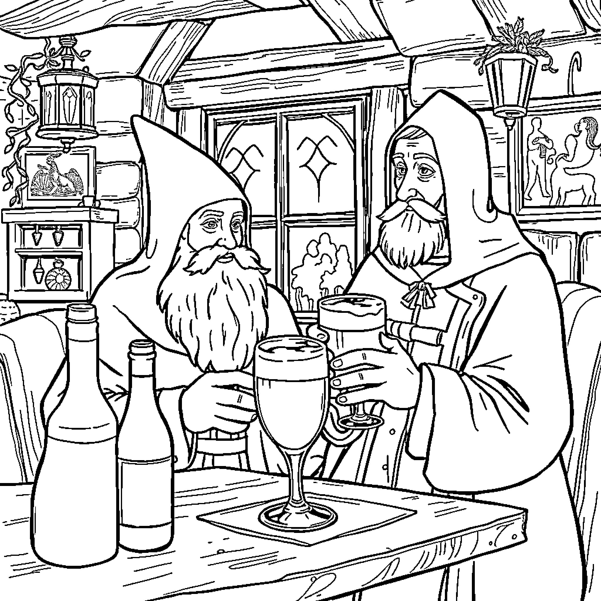 Sint Nick and Friend Enjoying Festive Drinks Coloring Page (free black-and-white line drawing printable PDF for all, from beginners to advanced learners, including children, teens, adults, and seniors)