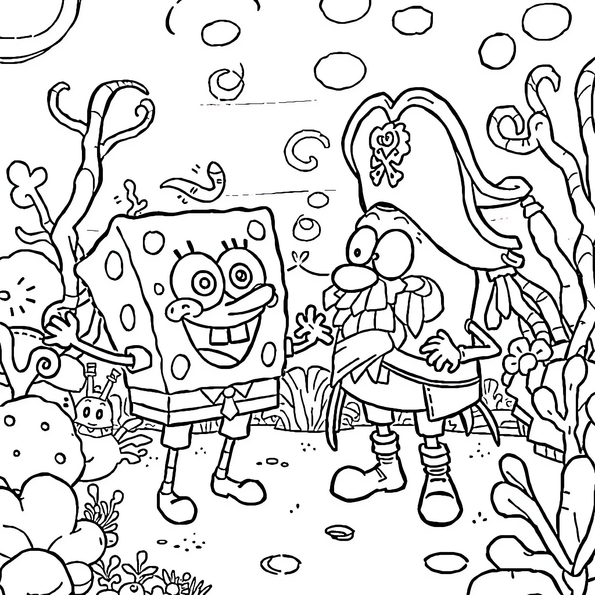 Spongebob and his friends in a whimsical underwater scene Coloring Page (free black-and-white line drawing printable PDF for all, from beginners to advanced learners, including children, teens, adults, and seniors)