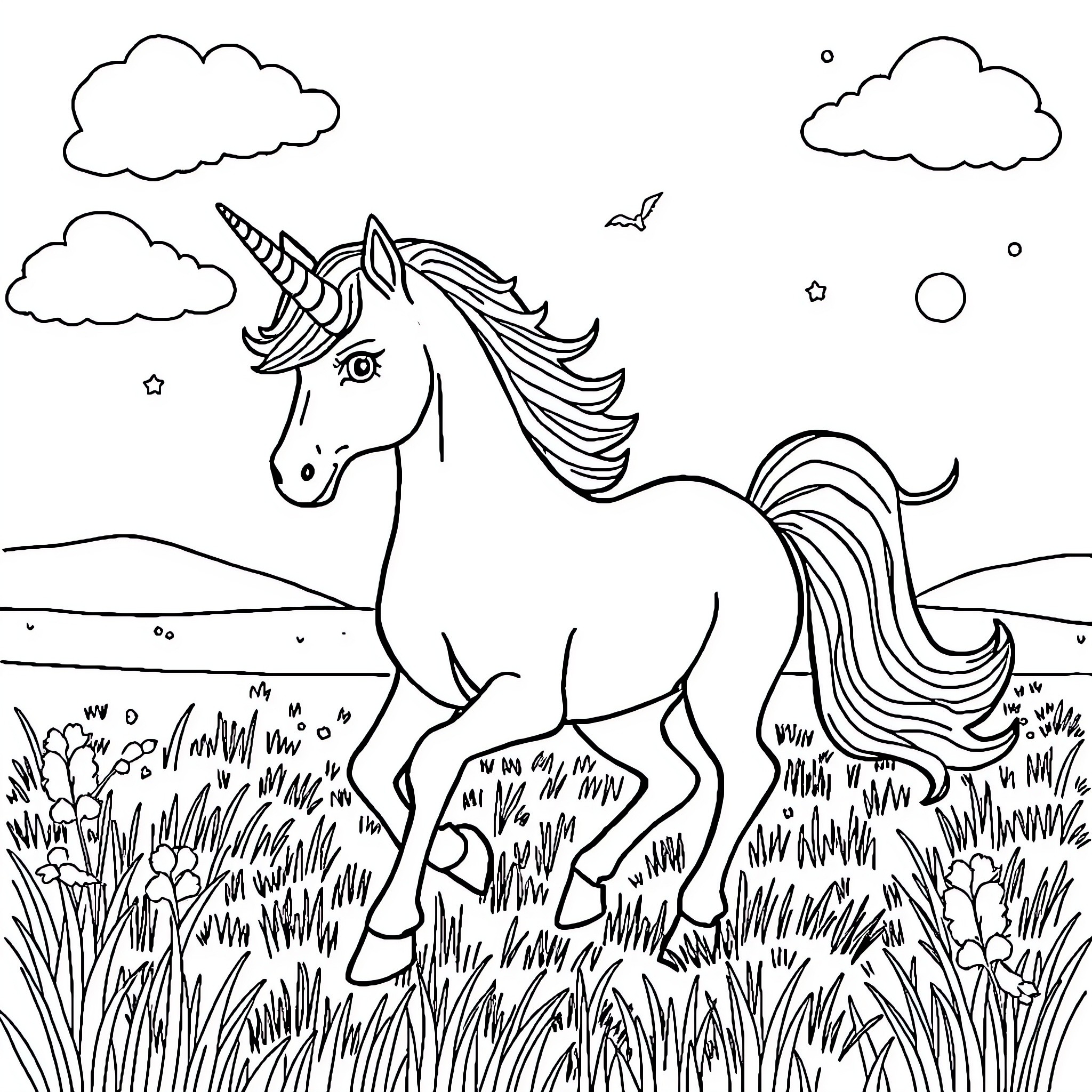 Unicorn galloping through a magical landscape Coloring Page (free black-and-white line drawing printable PDF for all, from beginners to advanced learners, including children, teens, adults, and seniors)