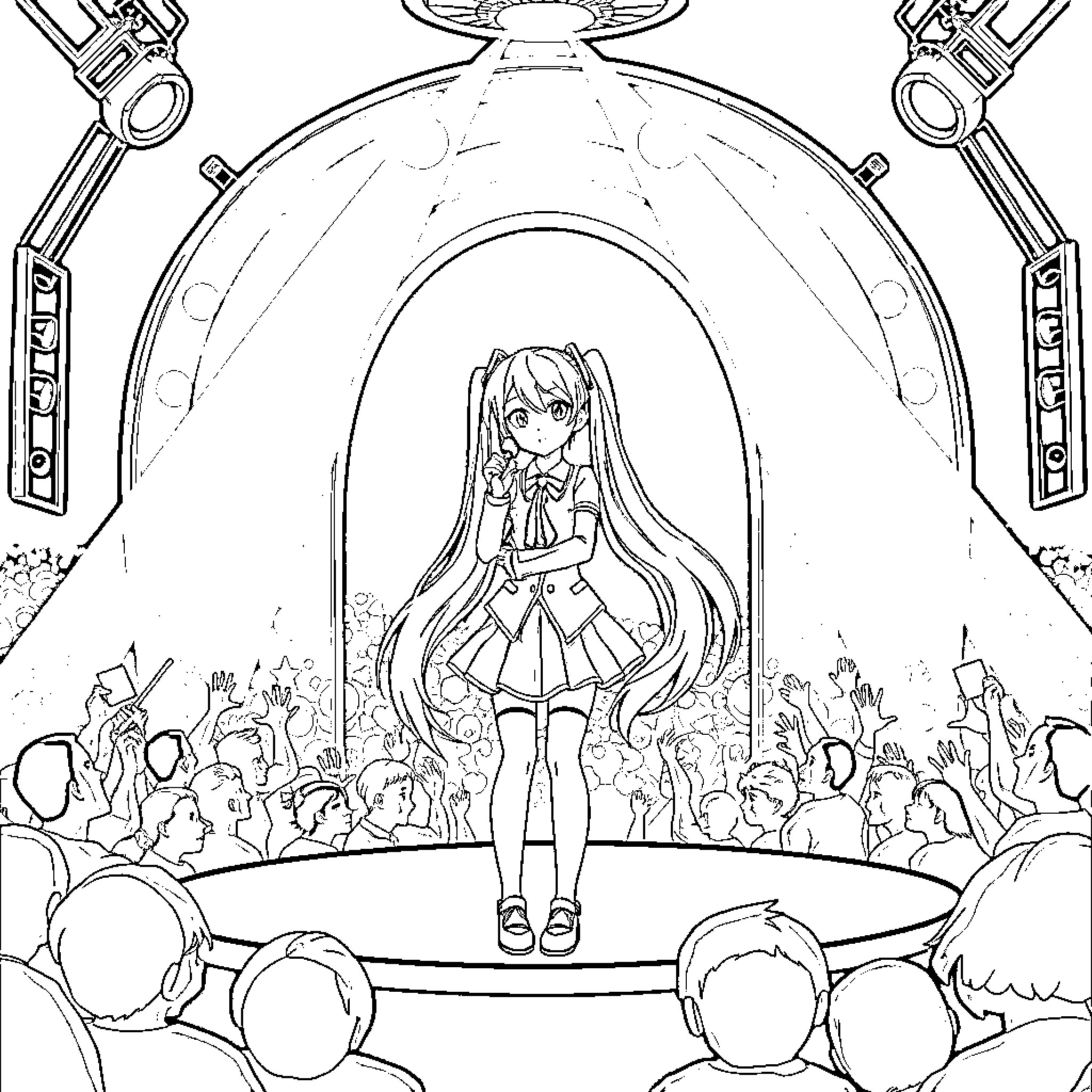 Hatsune Miku performing on stage with a crowd Coloring Page (free black-and-white line drawing printable PDF for all, from beginners to advanced learners, including children, teens, adults, and seniors)