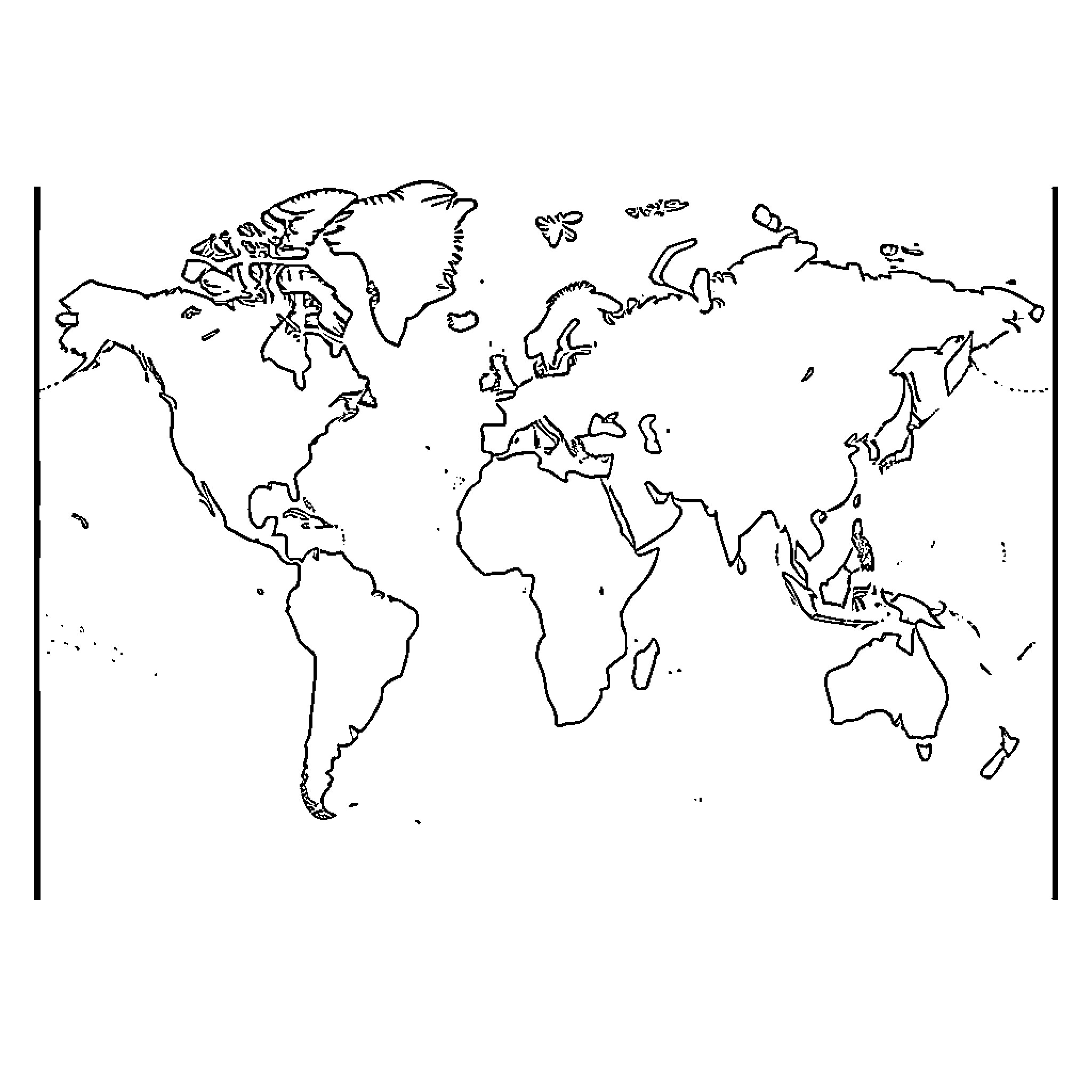 World Map with Distinct Continents and Coastlines Coloring Page (free black-and-white line drawing printable PDF for all, from beginners to advanced learners, including children, teens, adults, and seniors)