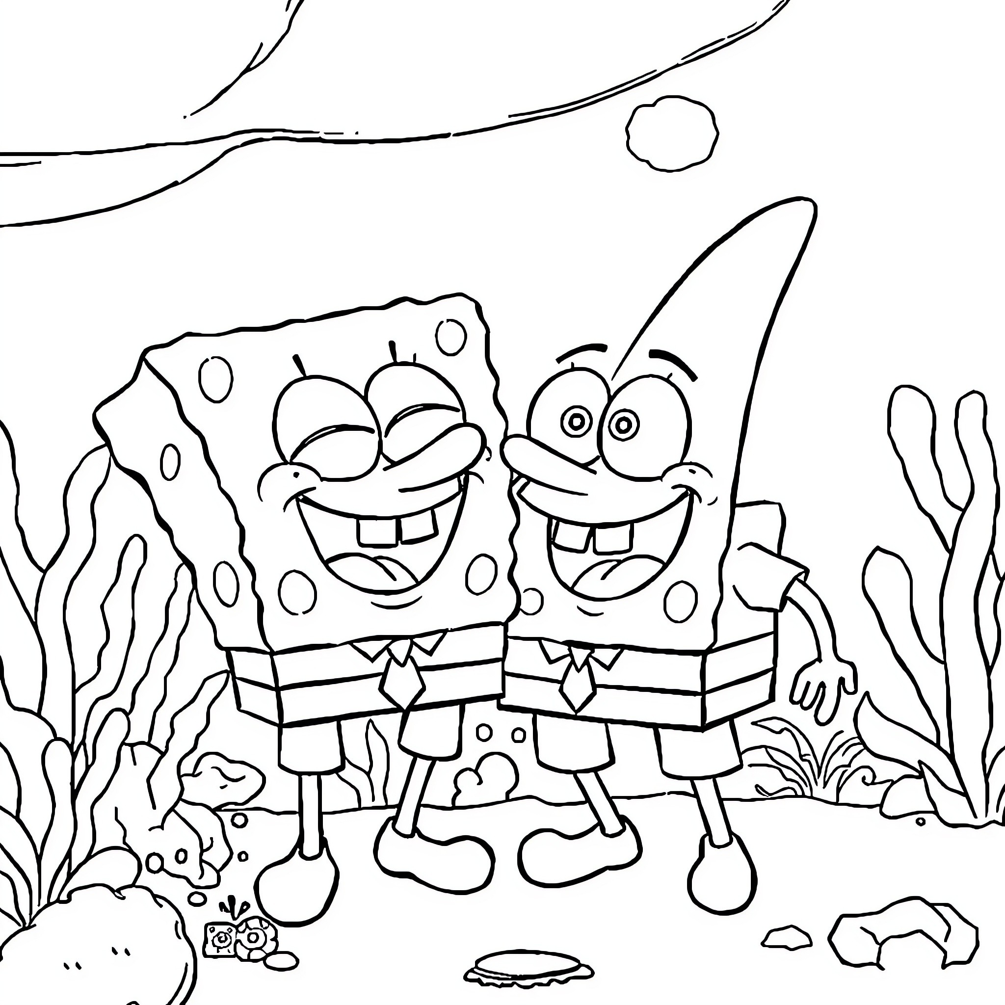 Spongebob and Patrick having fun underwater Coloring Page (free black-and-white line drawing printable PDF for all, from beginners to advanced learners, including children, teens, adults, and seniors)