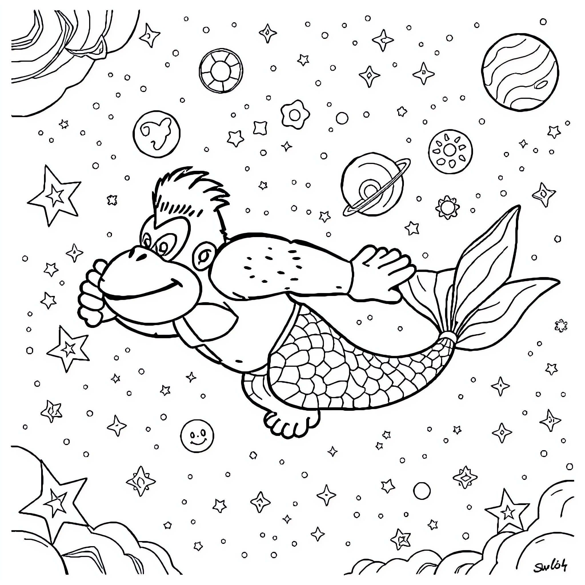 Donkey Kong mermaid swimming through cosmic space Coloring Page (free black-and-white line drawing printable PDF for all, from beginners to advanced learners, including children, teens, adults, and seniors)