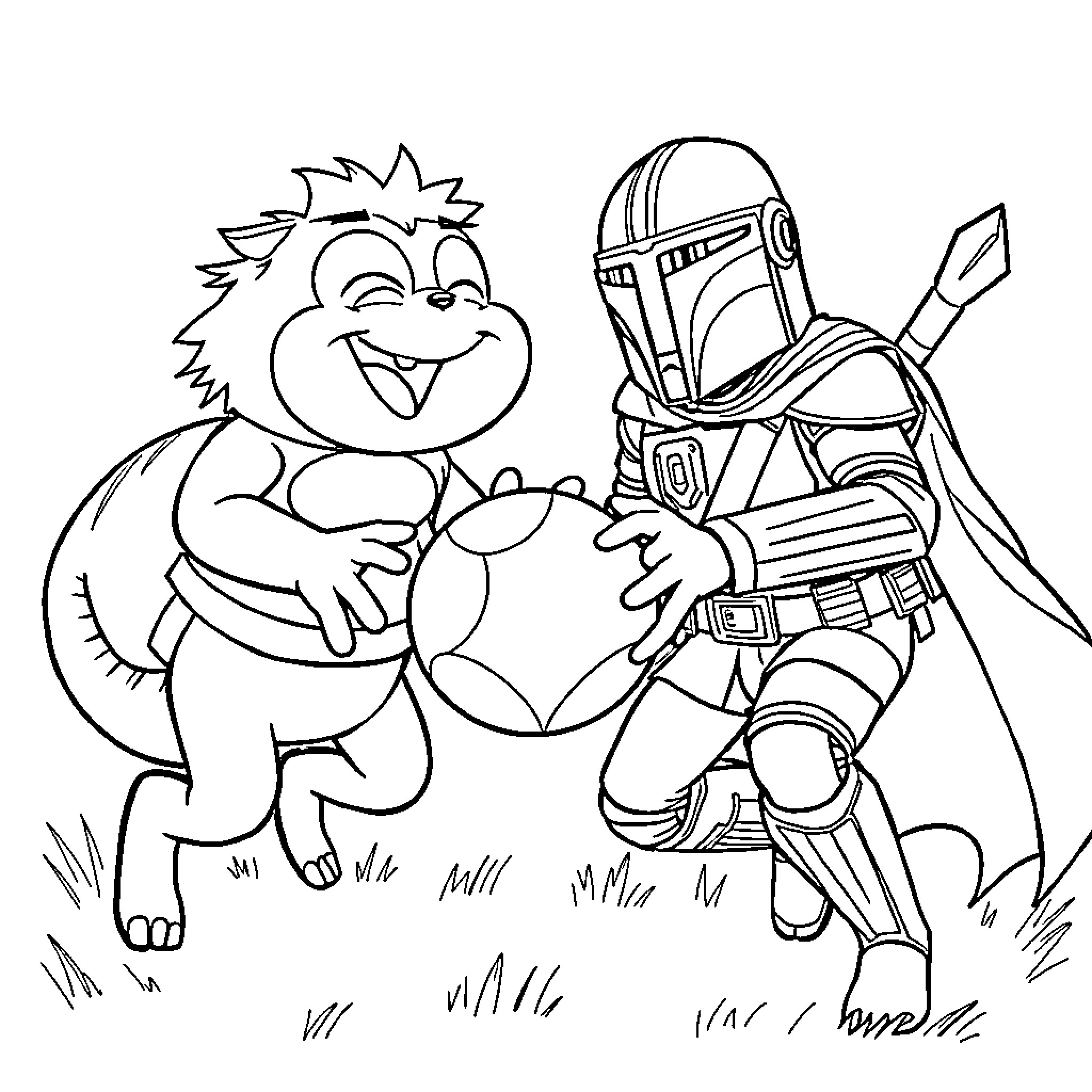 Grogu and the Mandalorian explore the outdoors Coloring Page (free black-and-white line drawing printable PDF for all, from beginners to advanced learners, including children, teens, adults, and seniors)