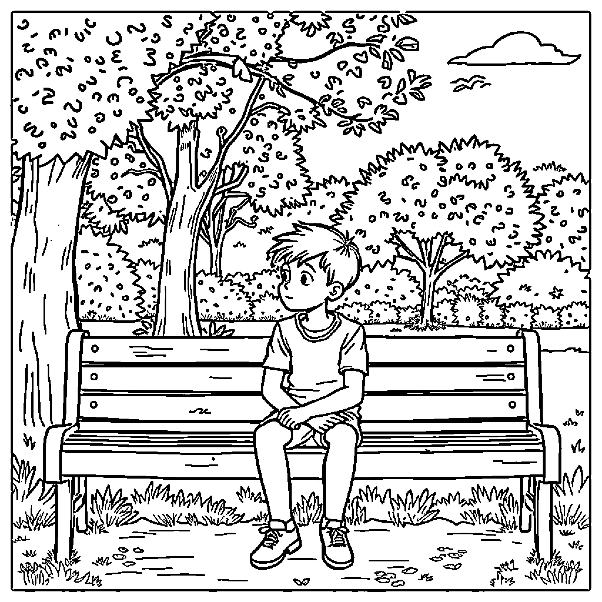 Noah Sitting Alone on a Park Bench Coloring Page (free black-and-white line drawing printable PDF for all, from beginners to advanced learners, including children, teens, adults, and seniors)