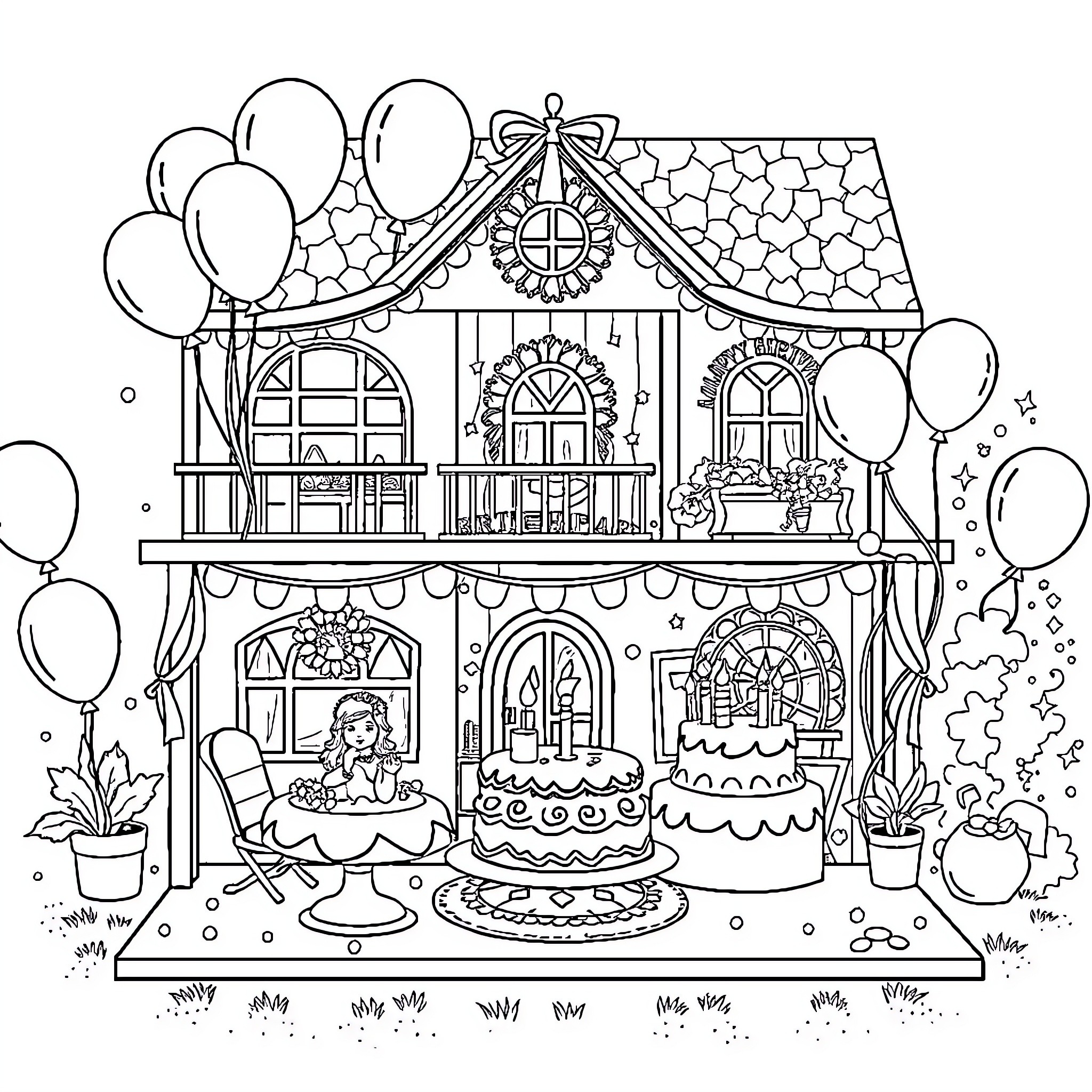 Gabby's Dollhouse: A Whimsical Birthday Celebration Coloring Page (free black-and-white line drawing printable PDF for all, from beginners to advanced learners, including children, teens, adults, and seniors)