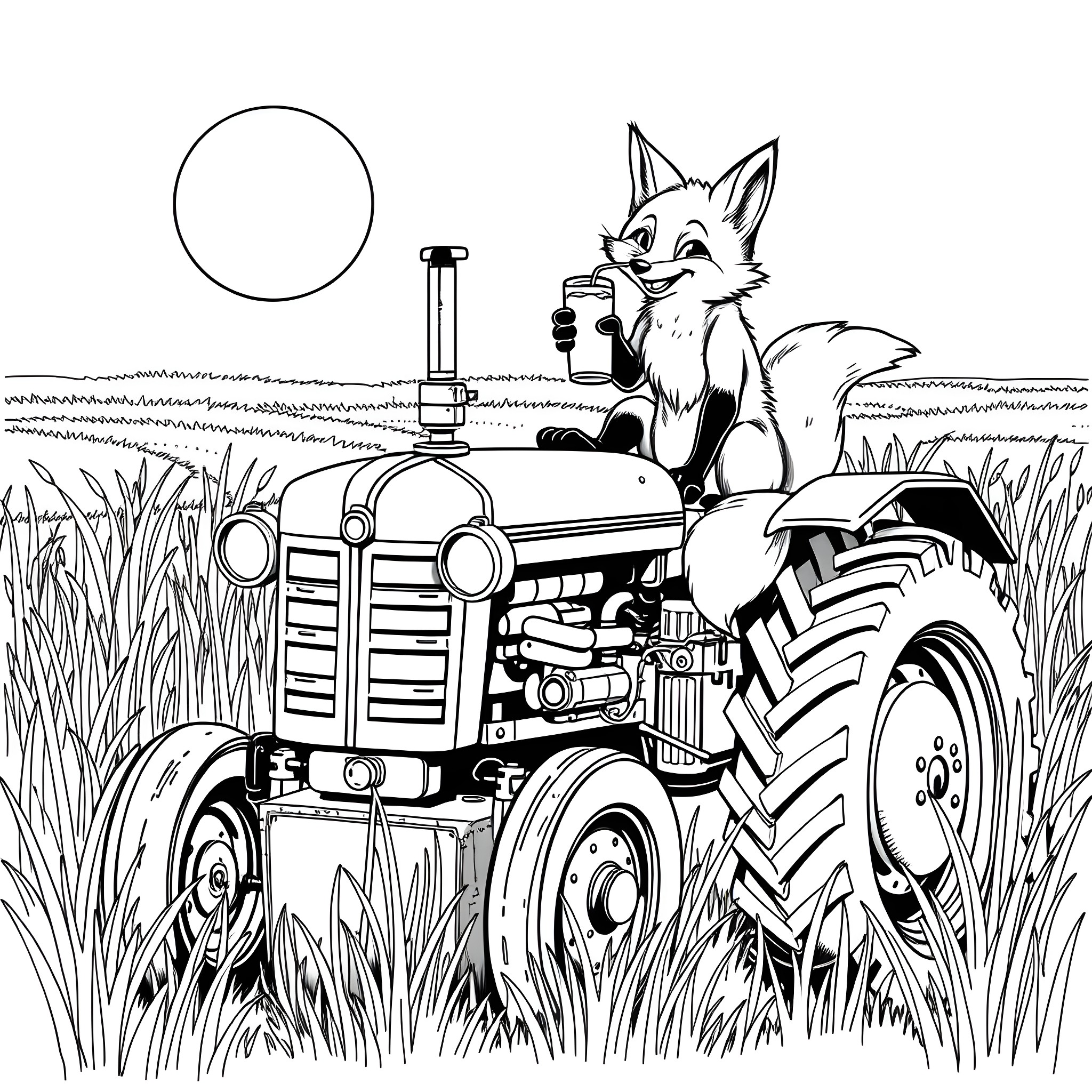 Fox driving a tractor in the countryside Coloring Page (free black-and-white line drawing printable PDF for all, from beginners to advanced learners, including children, teens, adults, and seniors)