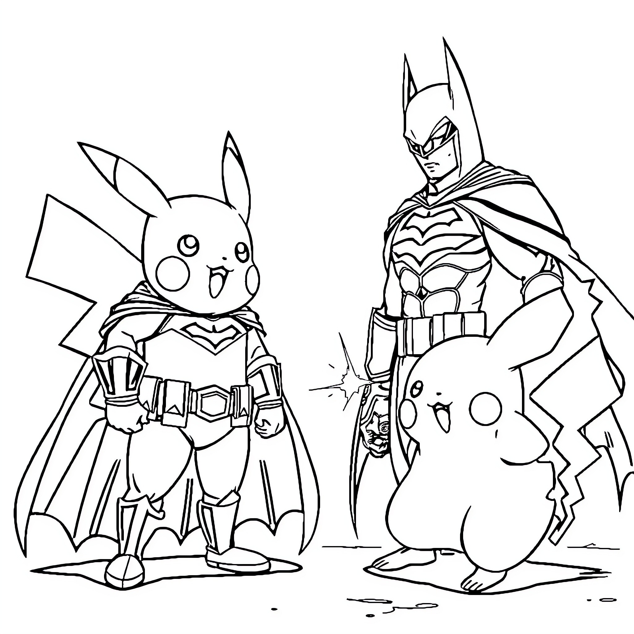Pikachu and Batman-inspired characters in action poses Coloring Page (free black-and-white line drawing printable PDF for all, from beginners to advanced learners, including children, teens, adults, and seniors)