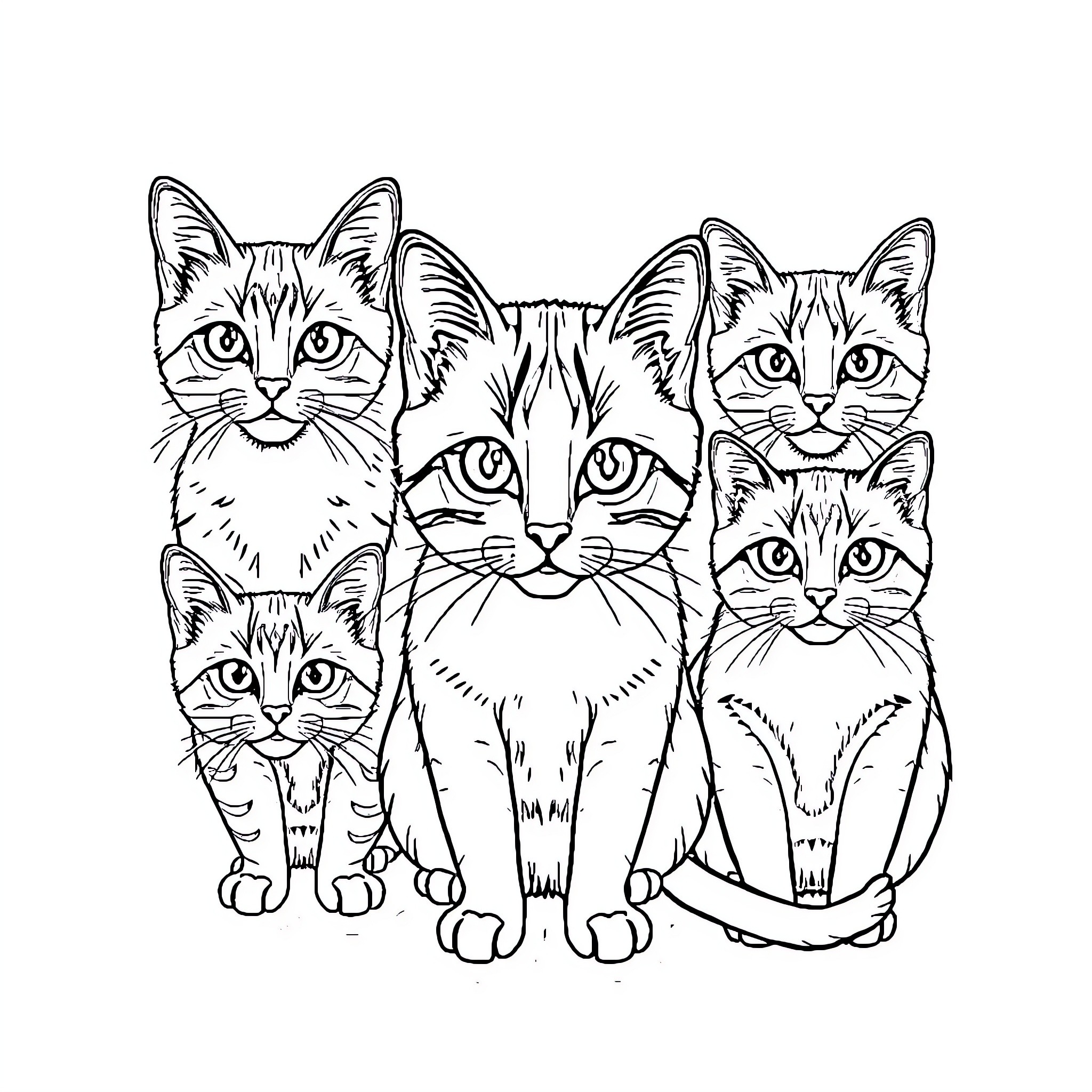 Cat Companions in Detailed Line Drawing Coloring Page (free black-and-white line drawing printable PDF for all, from beginners to advanced learners, including children, teens, adults, and seniors)