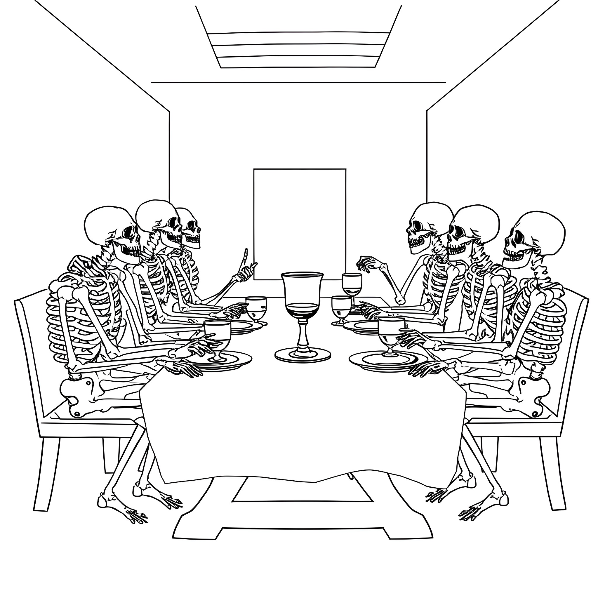 Skeleton Figures Gathered at the Dining Table Coloring Page (free black-and-white line drawing printable PDF for all, from beginners to advanced learners, including children, teens, adults, and seniors)