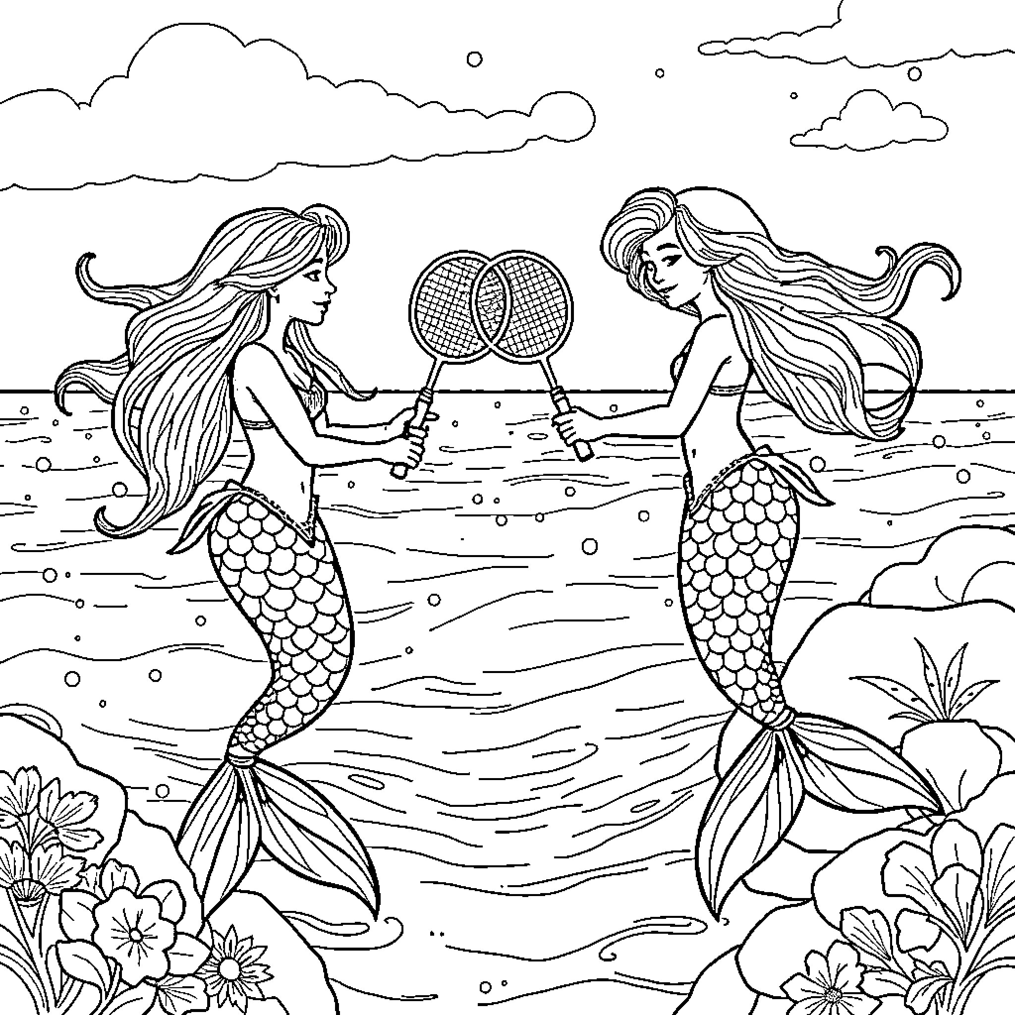 Mermaid Sisters Playing Badminton in the Sea Coloring Page (free black-and-white line drawing printable PDF for all, from beginners to advanced learners, including children, teens, adults, and seniors)