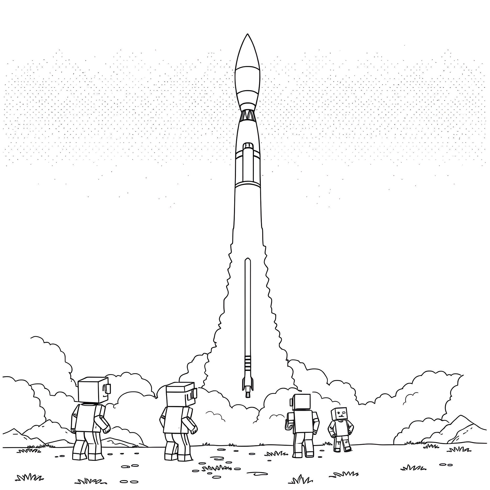 Saturn 5 rocket launching with astronauts on the ground Coloring Page (free black-and-white line drawing printable PDF for all, from beginners to advanced learners, including children, teens, adults, and seniors)