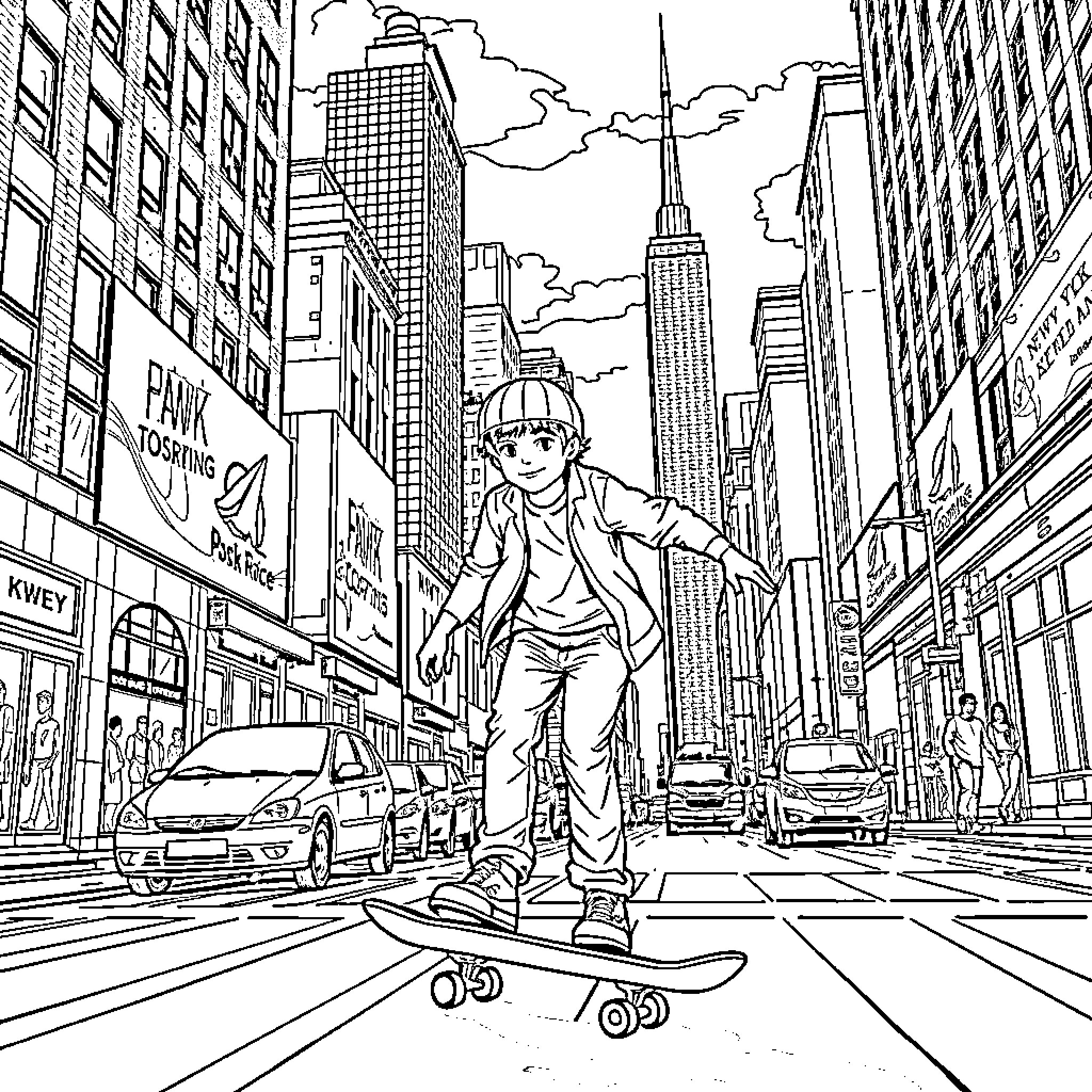 Skater Boy Rides Through the City Streets Coloring Page (free black-and-white line drawing printable PDF for all, from beginners to advanced learners, including children, teens, adults, and seniors)