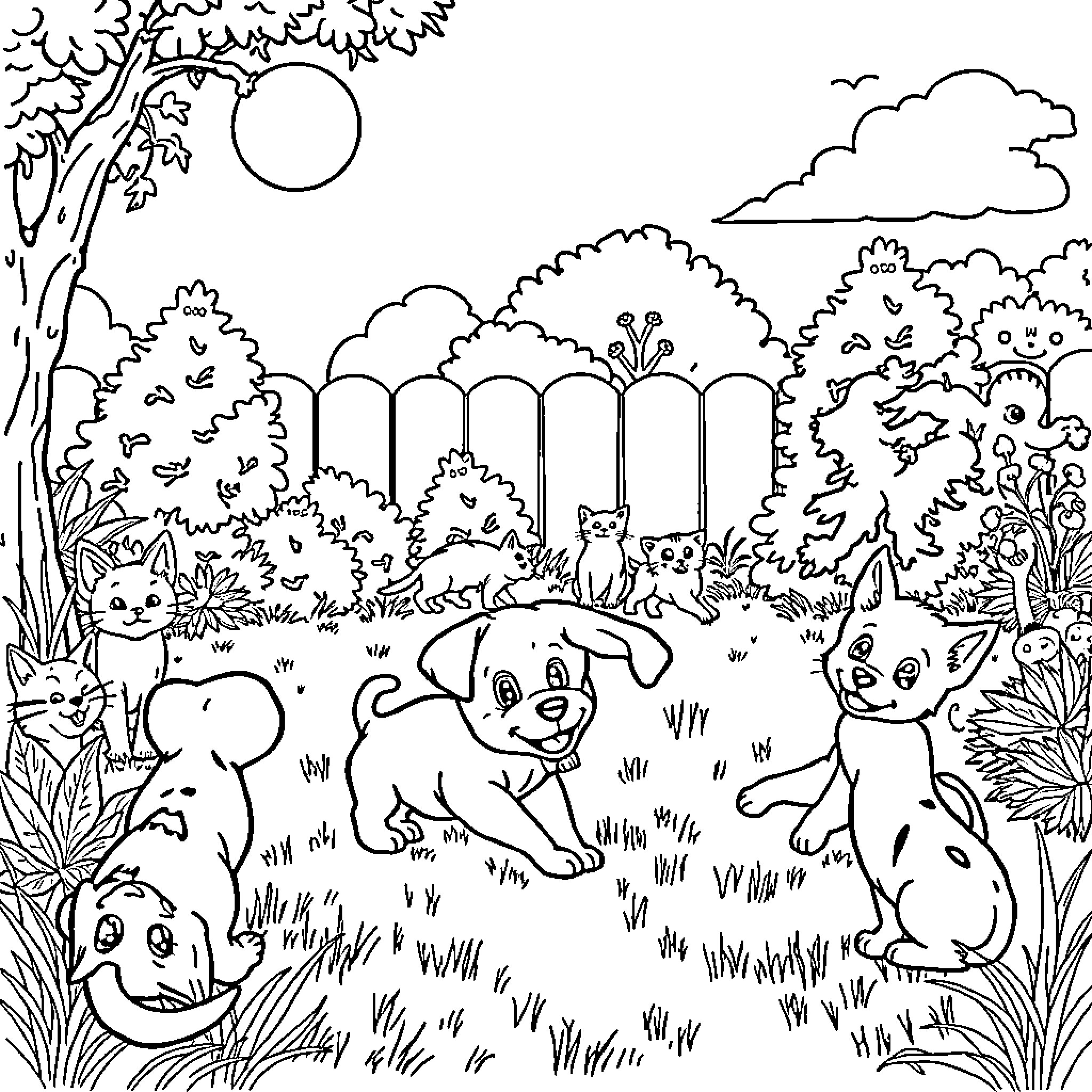 Puppies playing joyfully in the enchanted forest Coloring Page (free black-and-white line drawing printable PDF for all, from beginners to advanced learners, including children, teens, adults, and seniors)