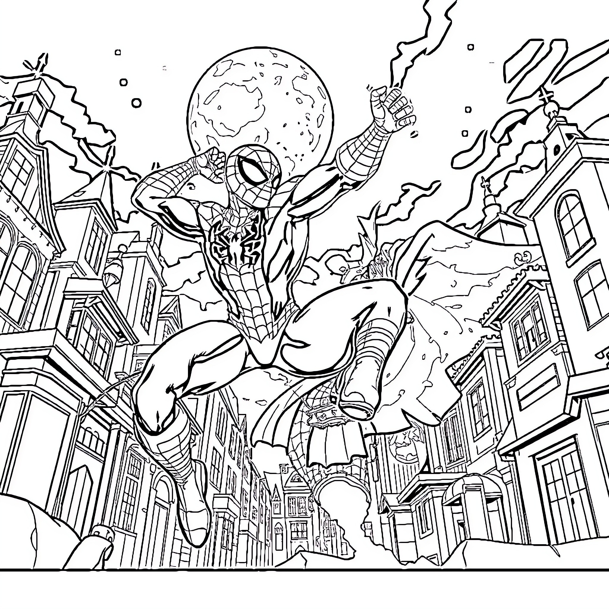 Spider-Man Swinging Into Action Through the City Coloring Page (free black-and-white line drawing printable PDF for all, from beginners to advanced learners, including children, teens, adults, and seniors)
