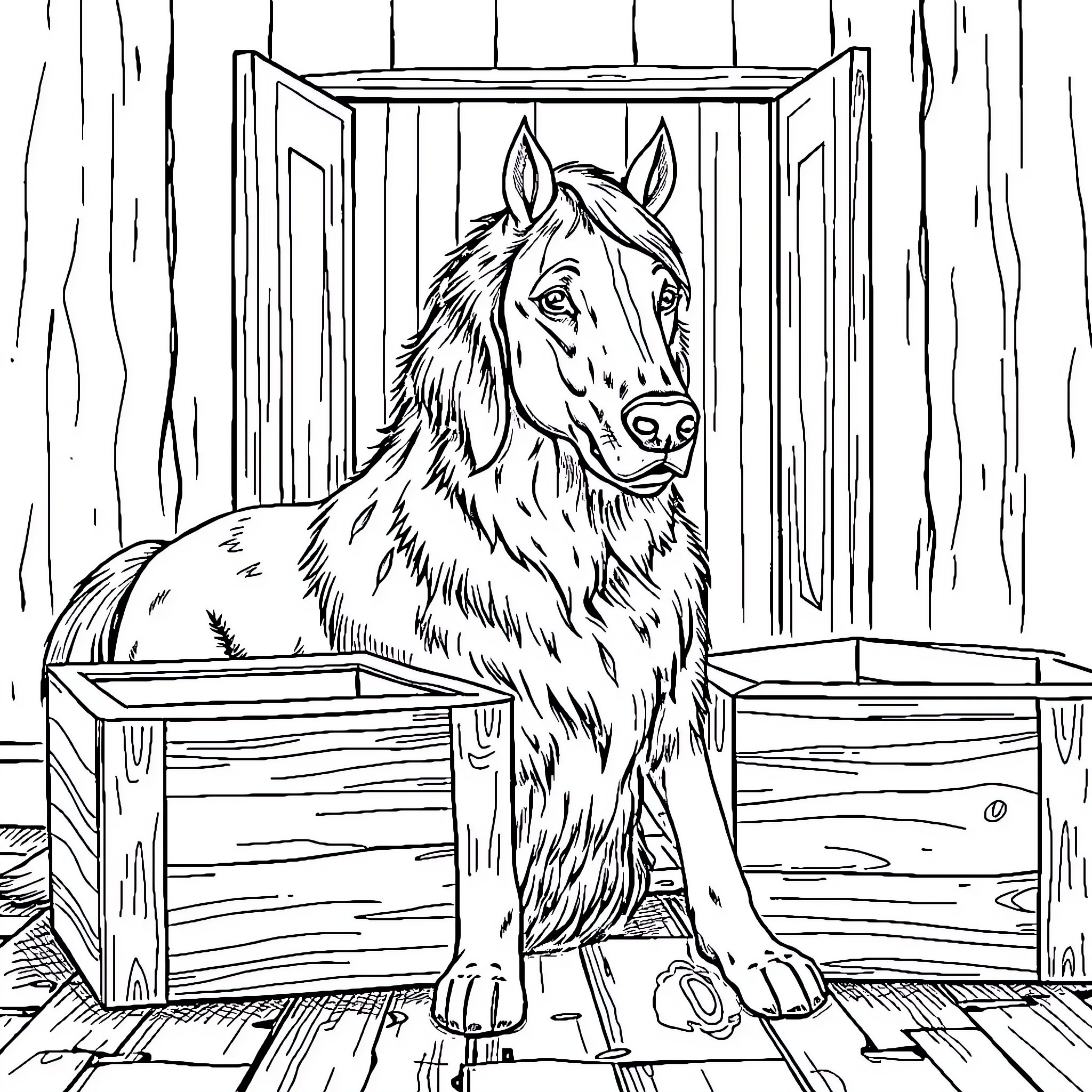 Golden Retriever sitting in wooden box Coloring Page (free black-and-white line drawing printable PDF for all, from beginners to advanced learners, including children, teens, adults, and seniors)