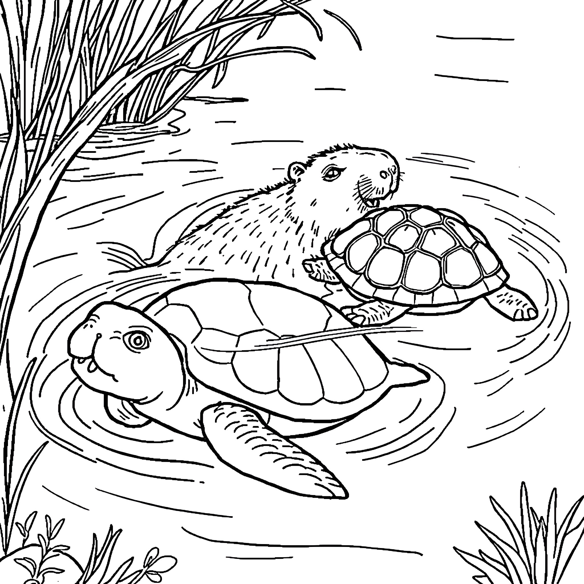 Capybara and turtles swimming in a pond Coloring Page (free black-and-white line drawing printable PDF for all, from beginners to advanced learners, including children, teens, adults, and seniors)