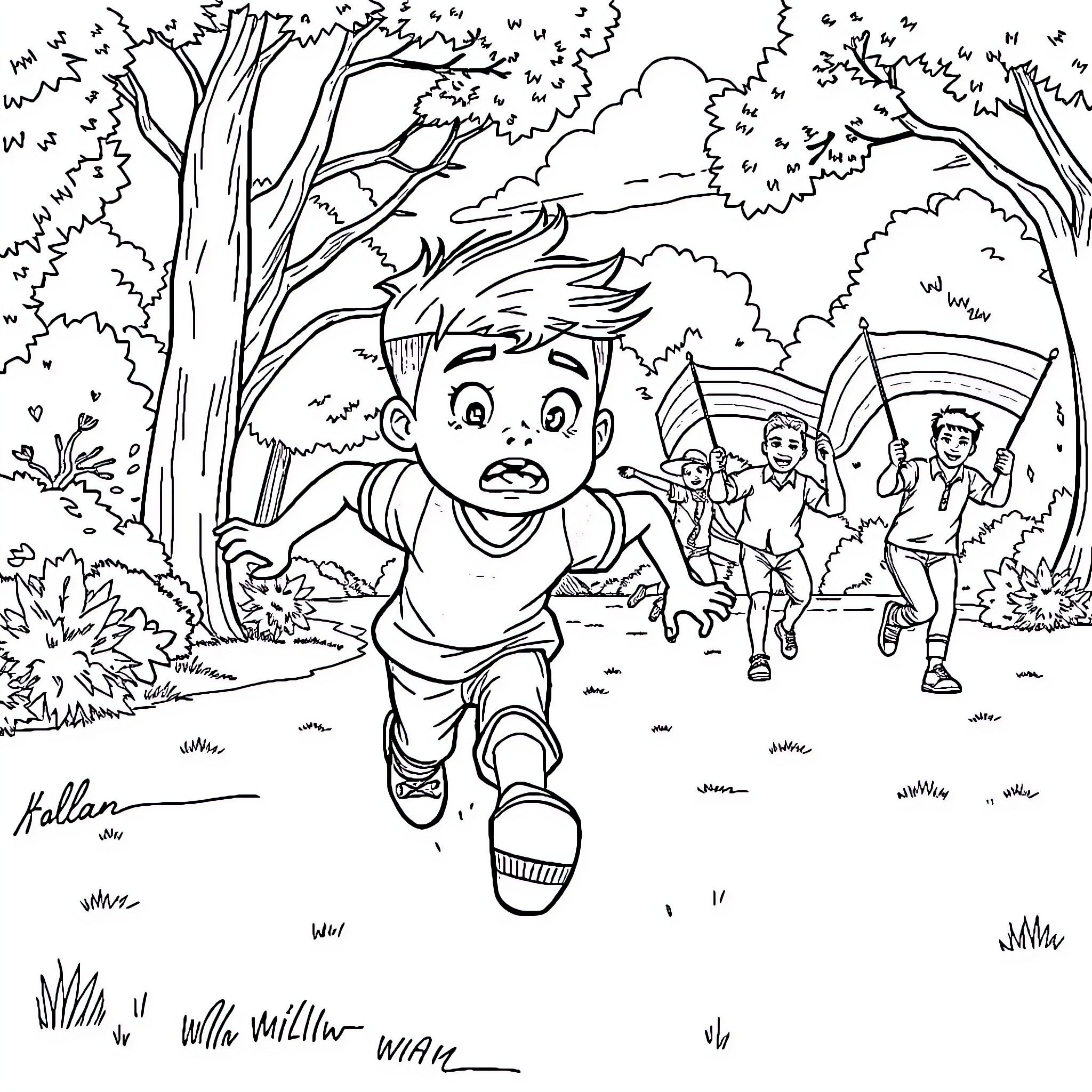 Boy running playfully in the forest with friends Coloring Page (free black-and-white line drawing printable PDF for all, from beginners to advanced learners, including children, teens, adults, and seniors)