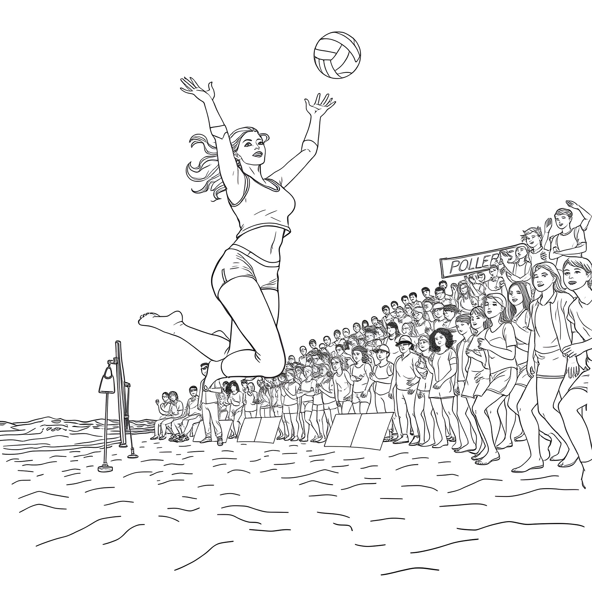 Woman playing volleyball at the beach with crowd Coloring Page (free black-and-white line drawing printable PDF for all, from beginners to advanced learners, including children, teens, adults, and seniors)