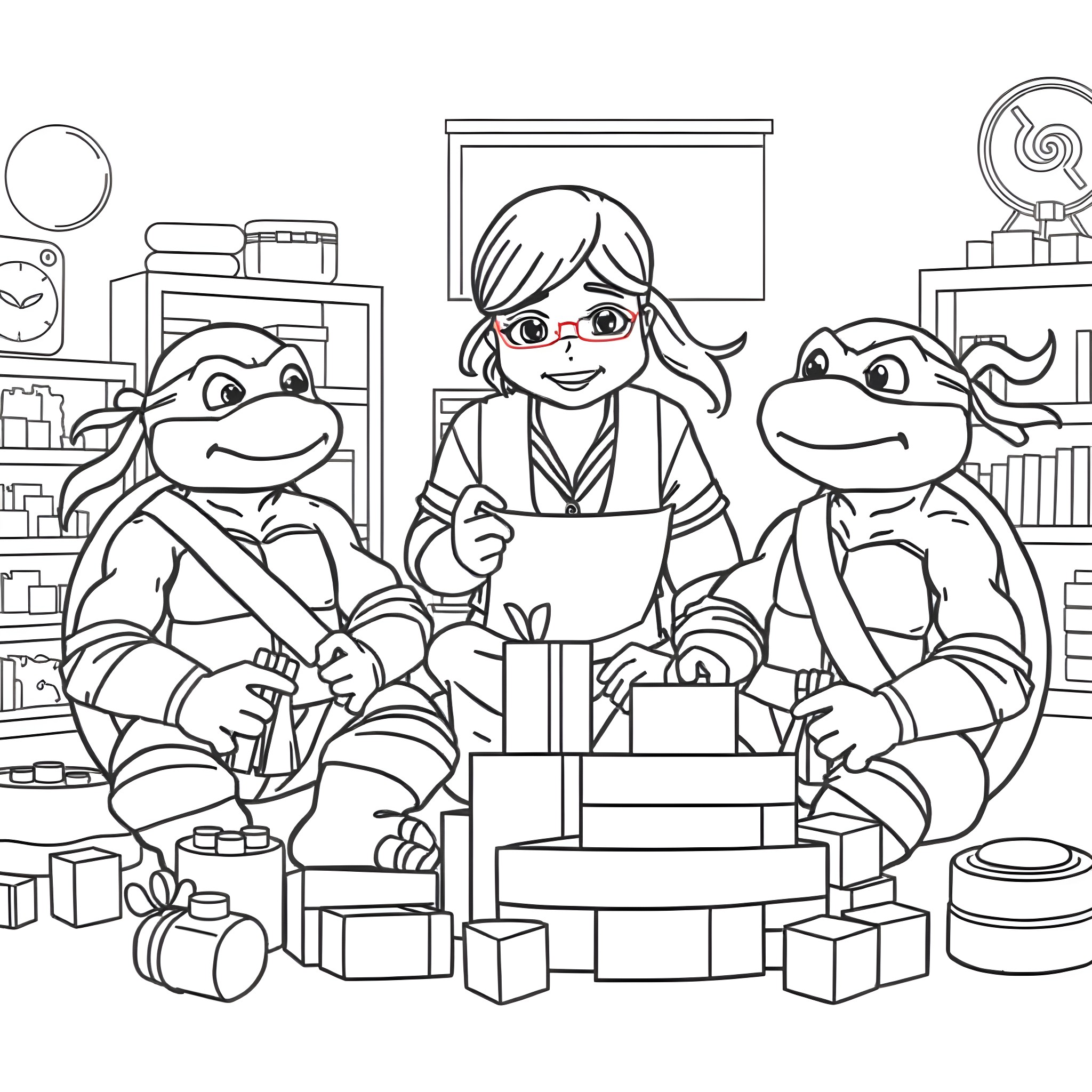 Ninja Turtle friends helping with the school project Coloring Page (free black-and-white line drawing printable PDF for all, from beginners to advanced learners, including children, teens, adults, and seniors)