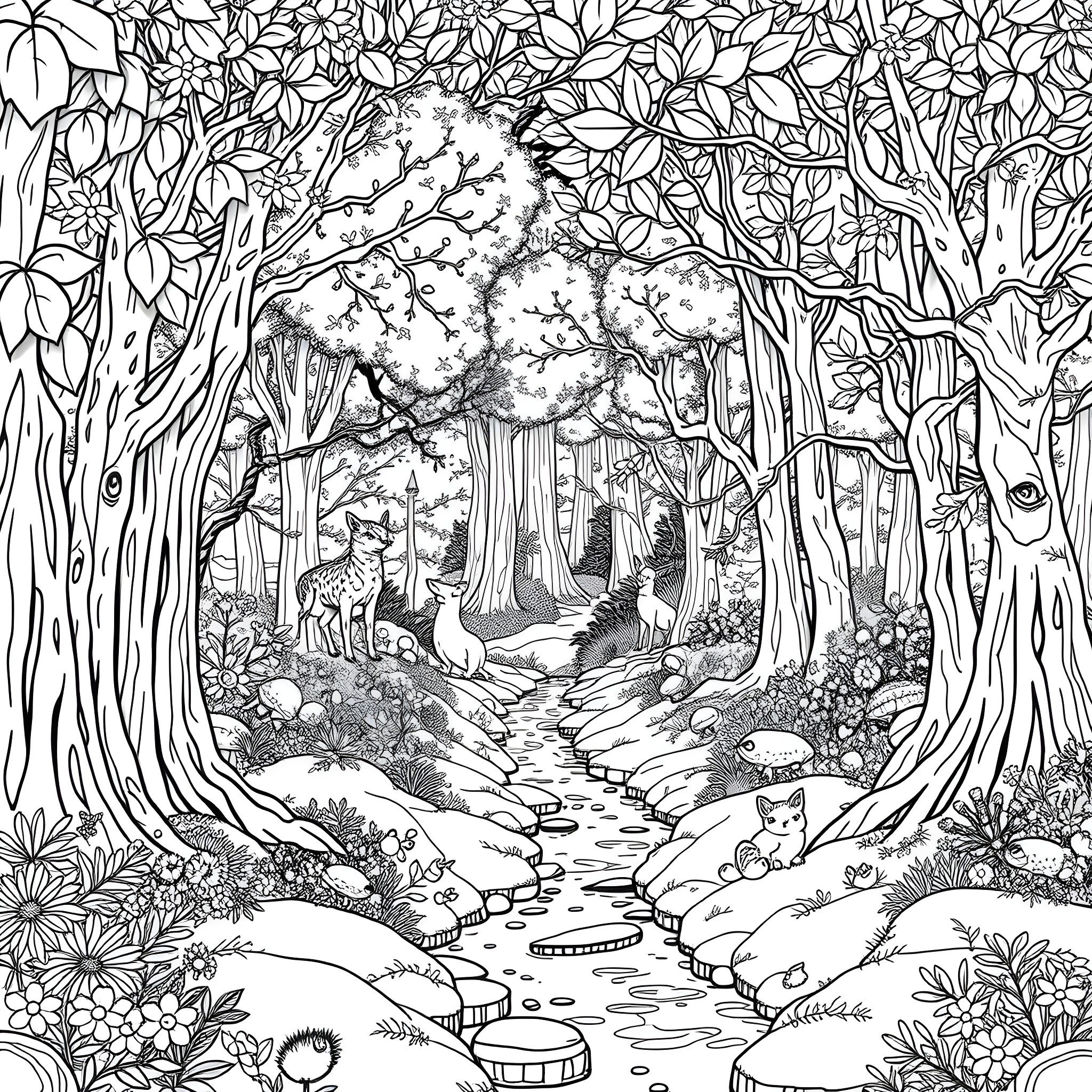 Forest animals on a nature trail Coloring Page (free black-and-white line drawing printable PDF for all, from beginners to advanced learners, including children, teens, adults, and seniors)