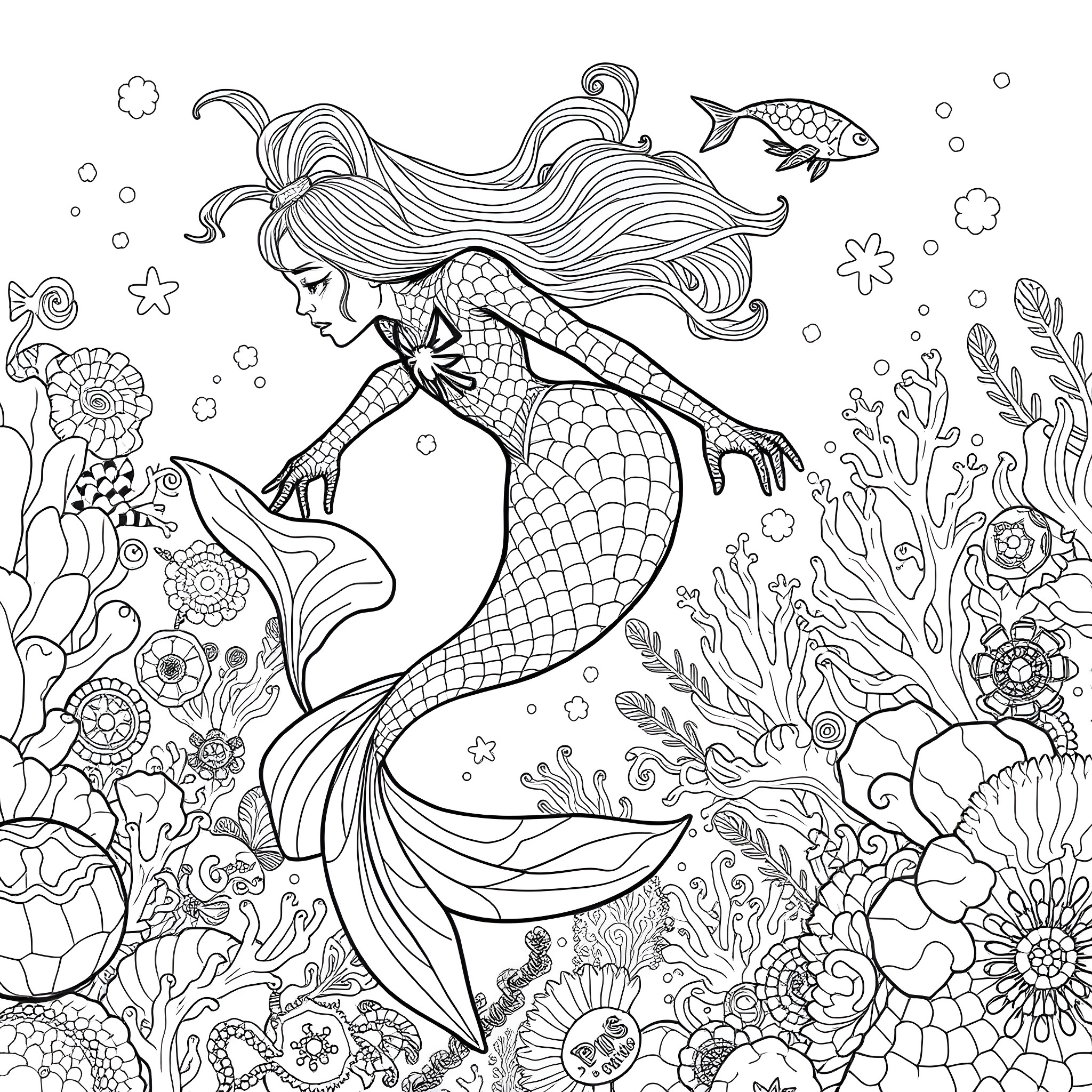 Spiderman-inspired Mermaid Exploring Underwater Wonderland Coloring Page (free black-and-white line drawing printable PDF for all, from beginners to advanced learners, including children, teens, adults, and seniors)