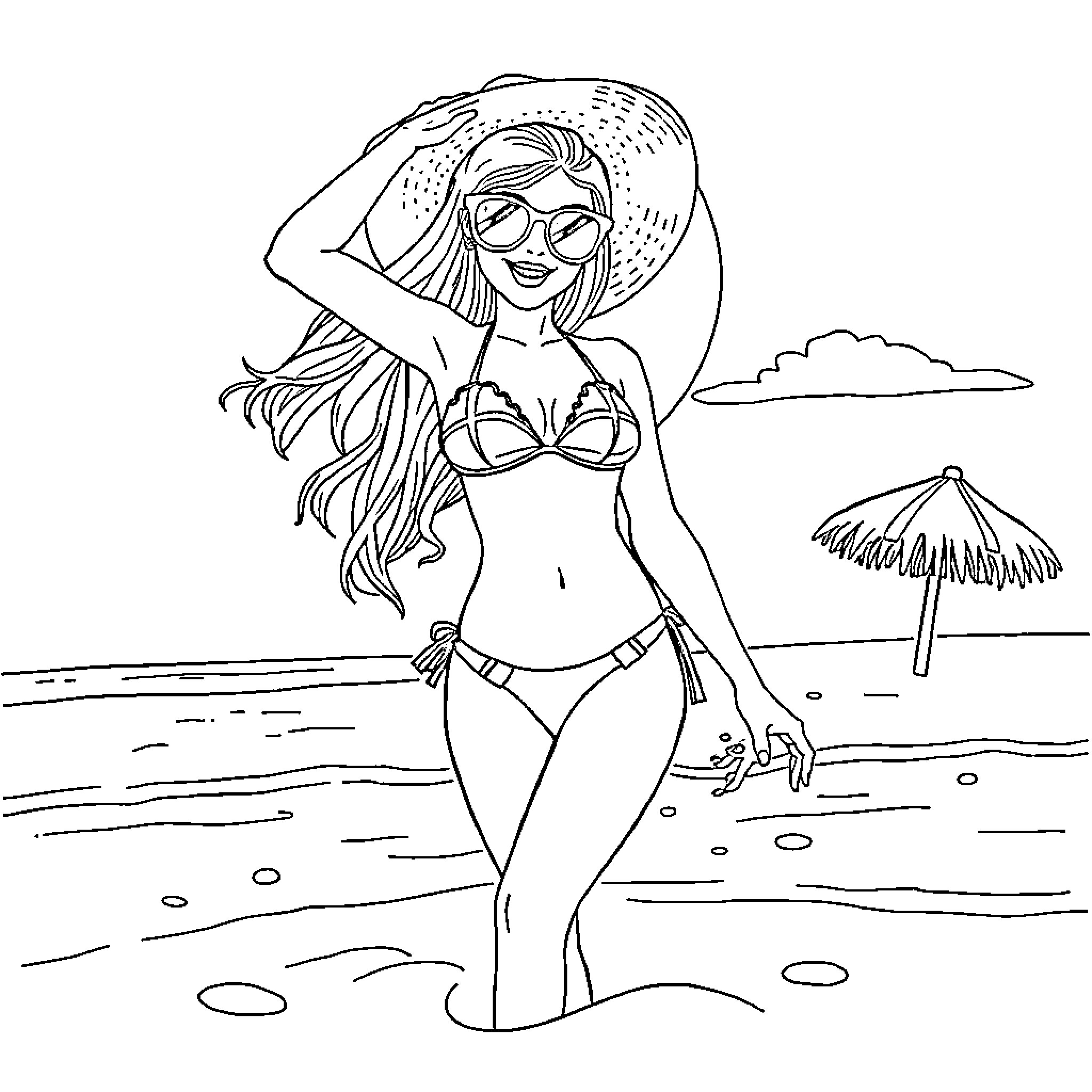 Bikini Girl enjoying the beach Coloring Page (free black-and-white line drawing printable PDF for all, from beginners to advanced learners, including children, teens, adults, and seniors)