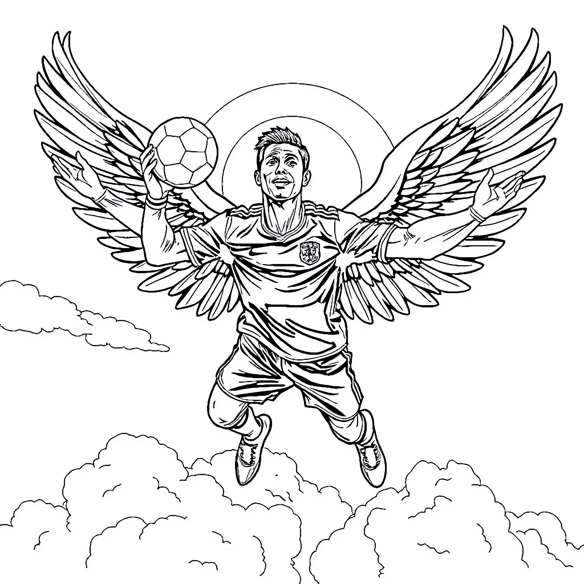 Ronaldo soaring with wings and holding a soccer ball Coloring Page (free black-and-white line drawing printable PDF for all, from beginners to advanced learners, including children, teens, adults, and seniors)