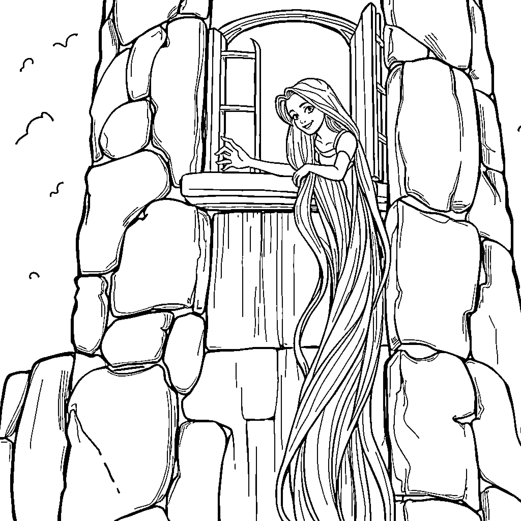 Rapunzel in a tower with long flowing hair Coloring Page (free black-and-white line drawing printable PDF for all, from beginners to advanced learners, including children, teens, adults, and seniors)