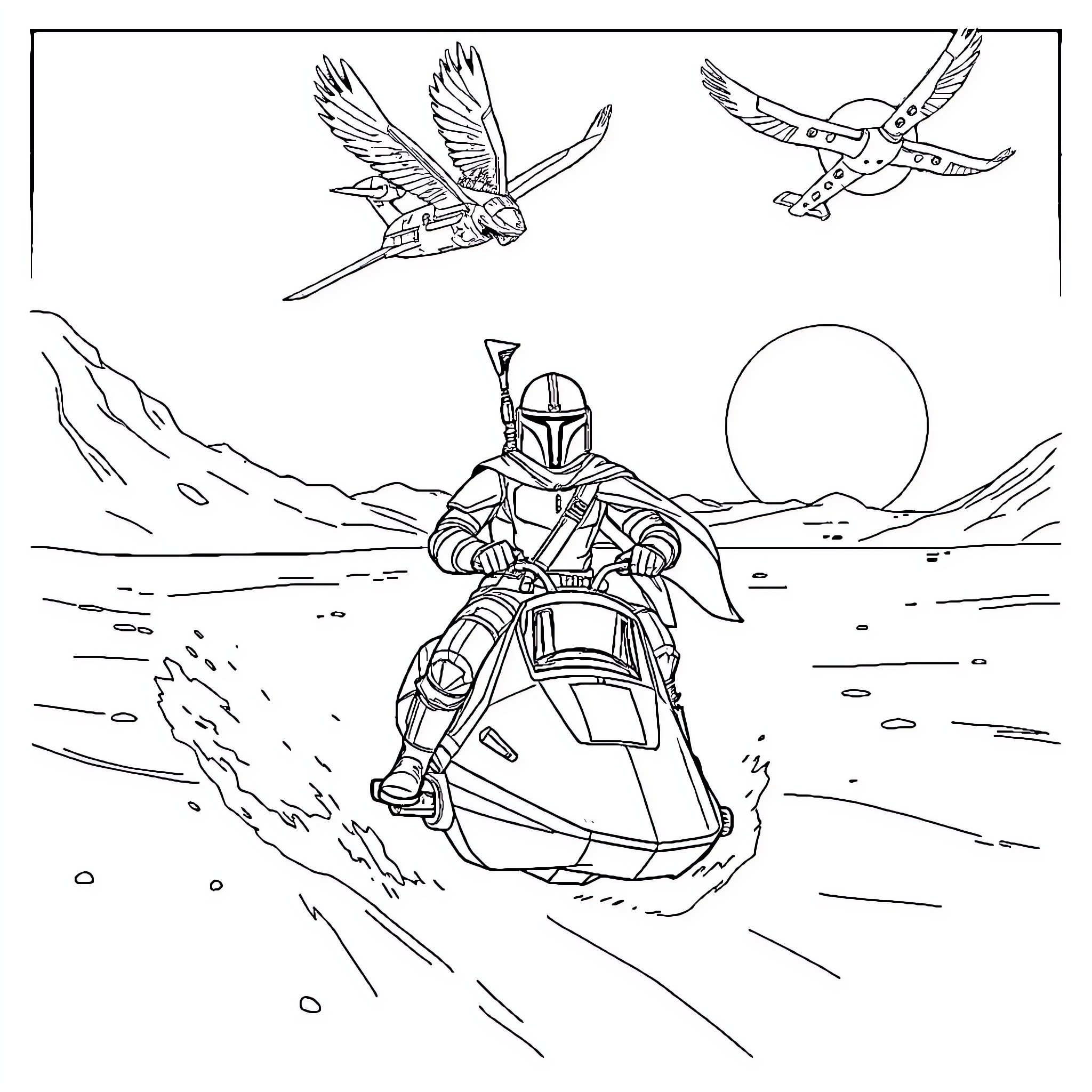 Mandalorian warrior exploring the terrain Coloring Page (free black-and-white line drawing printable PDF for all, from beginners to advanced learners, including children, teens, adults, and seniors)