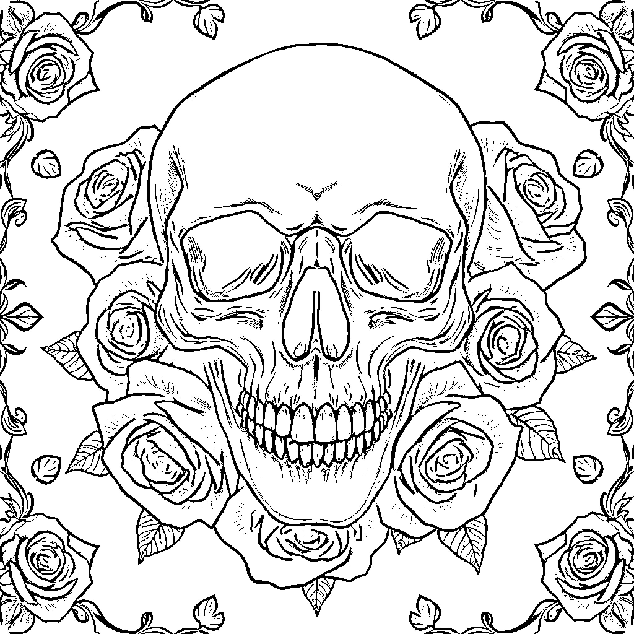 Skull surrounded by detailed roses Coloring Page (free black-and-white line drawing printable PDF for all, from beginners to advanced learners, including children, teens, adults, and seniors)