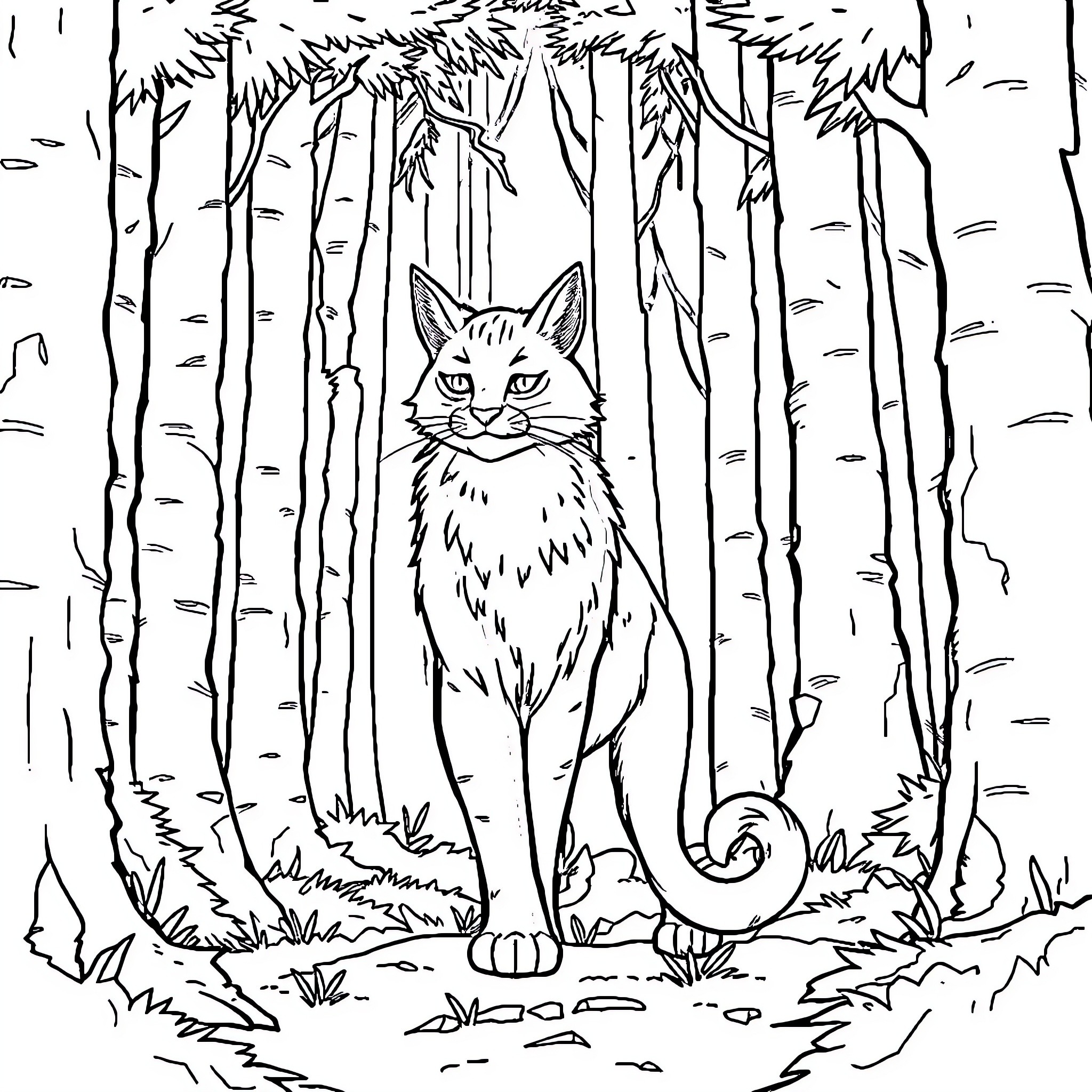 Fire Heart: Cat prowling through the forest Coloring Page (free black-and-white line drawing printable PDF for all, from beginners to advanced learners, including children, teens, adults, and seniors)