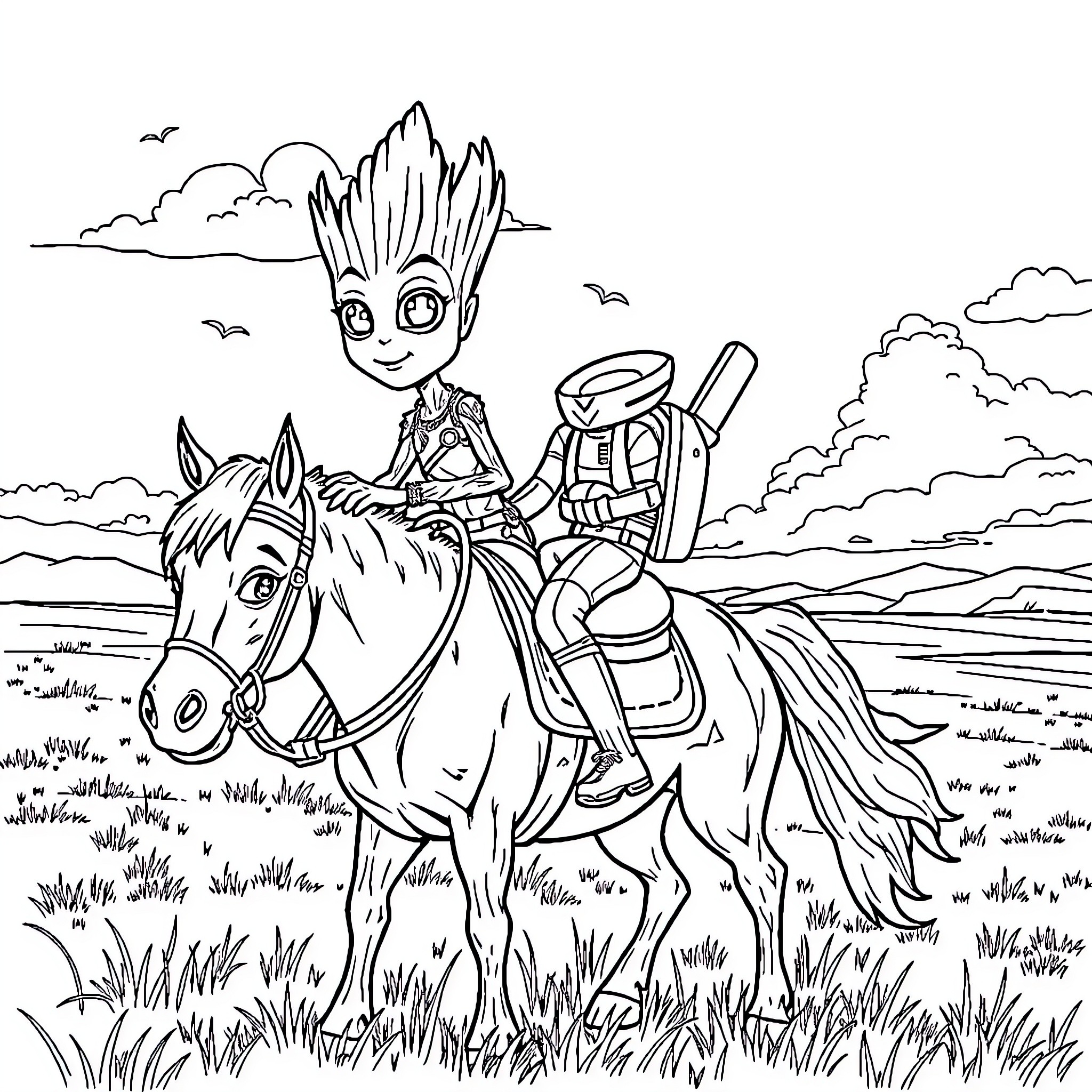 Groot riding a horse in the countryside Coloring Page (free black-and-white line drawing printable PDF for all, from beginners to advanced learners, including children, teens, adults, and seniors)