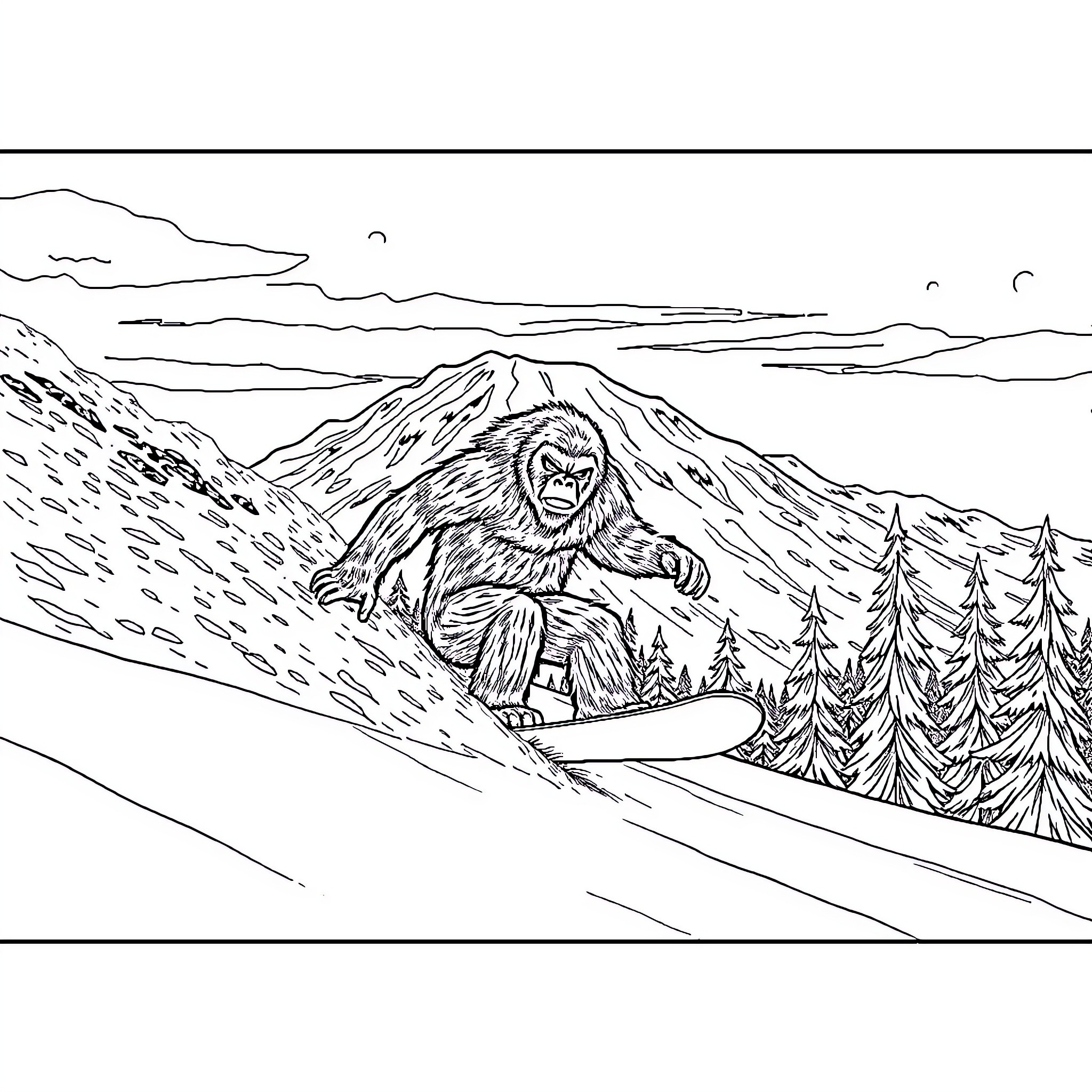 Sasquatch snowboarding through snowy mountain landscape Coloring Page (free black-and-white line drawing printable PDF for all, from beginners to advanced learners, including children, teens, adults, and seniors)
