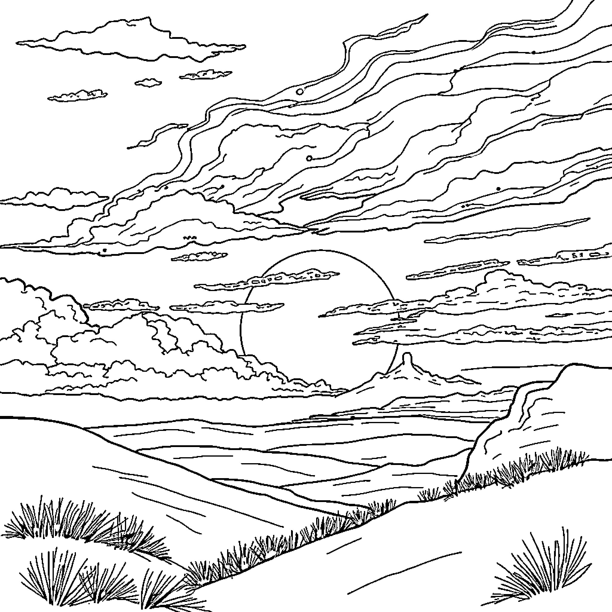 Sunset landscape with cloudy sky and hills Coloring Page (free black-and-white line drawing printable PDF for all, from beginners to advanced learners, including children, teens, adults, and seniors)