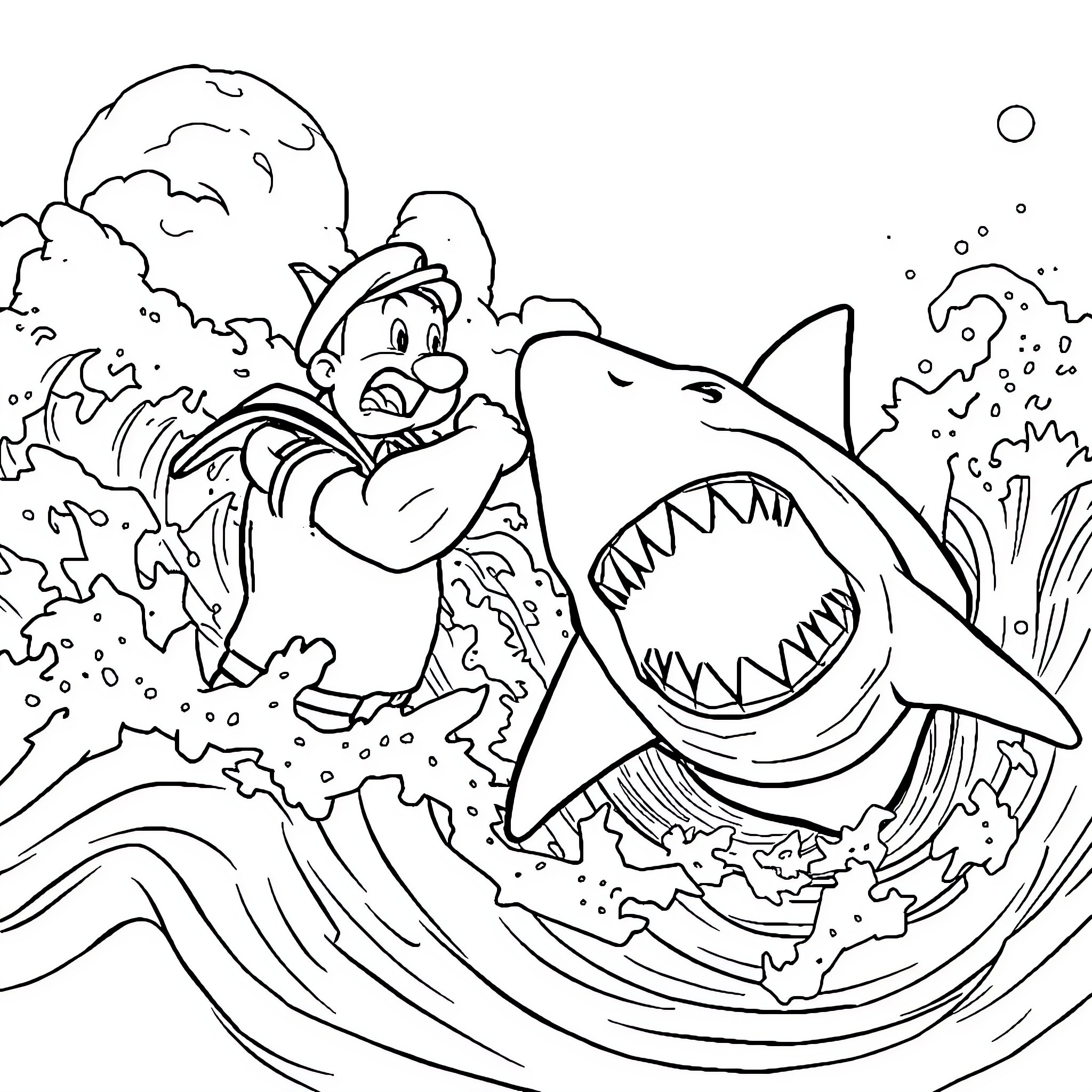 Popeye battles a fearsome shark in the ocean Coloring Page (free black-and-white line drawing printable PDF for all, from beginners to advanced learners, including children, teens, adults, and seniors)