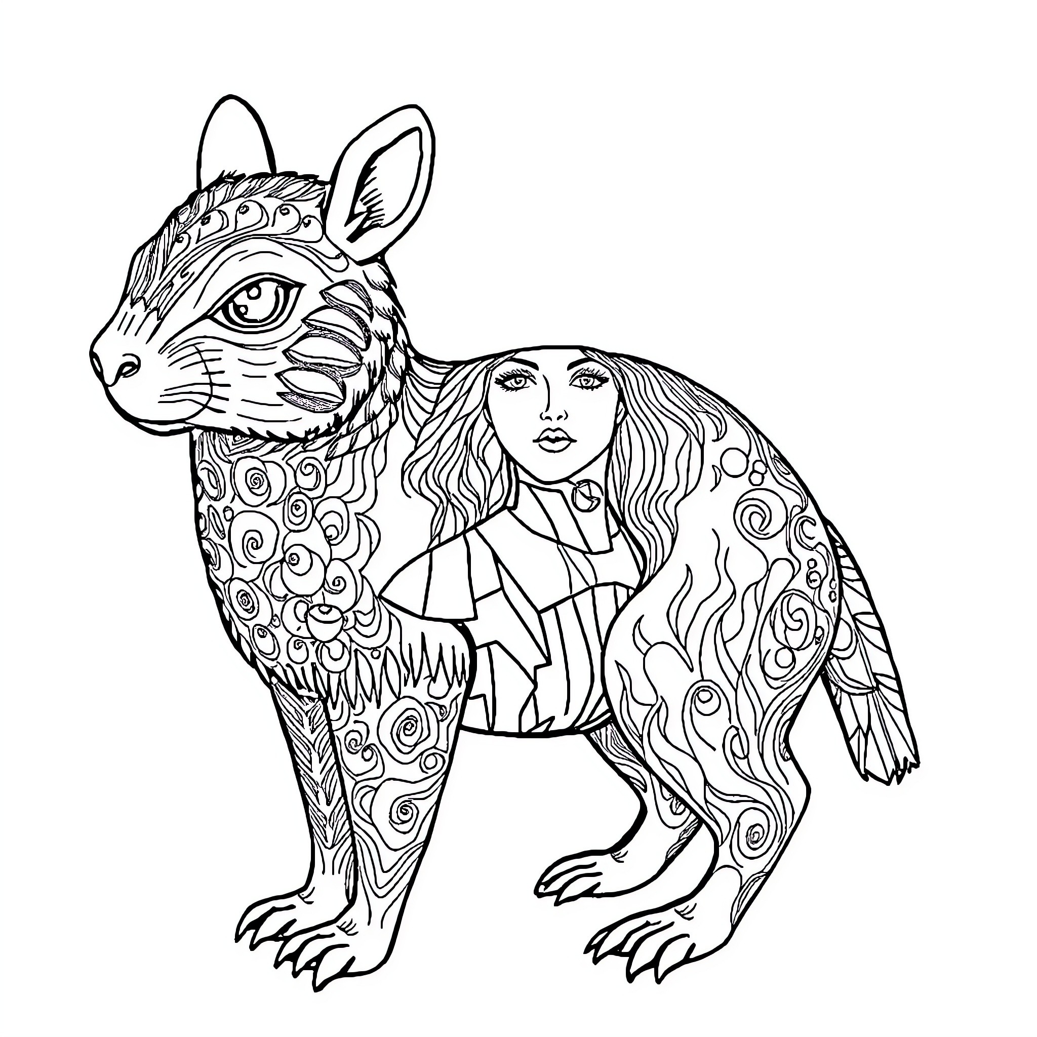 Huaco of a woman and a stylized rabbit Coloring Page (free black-and-white line drawing printable PDF for all, from beginners to advanced learners, including children, teens, adults, and seniors)
