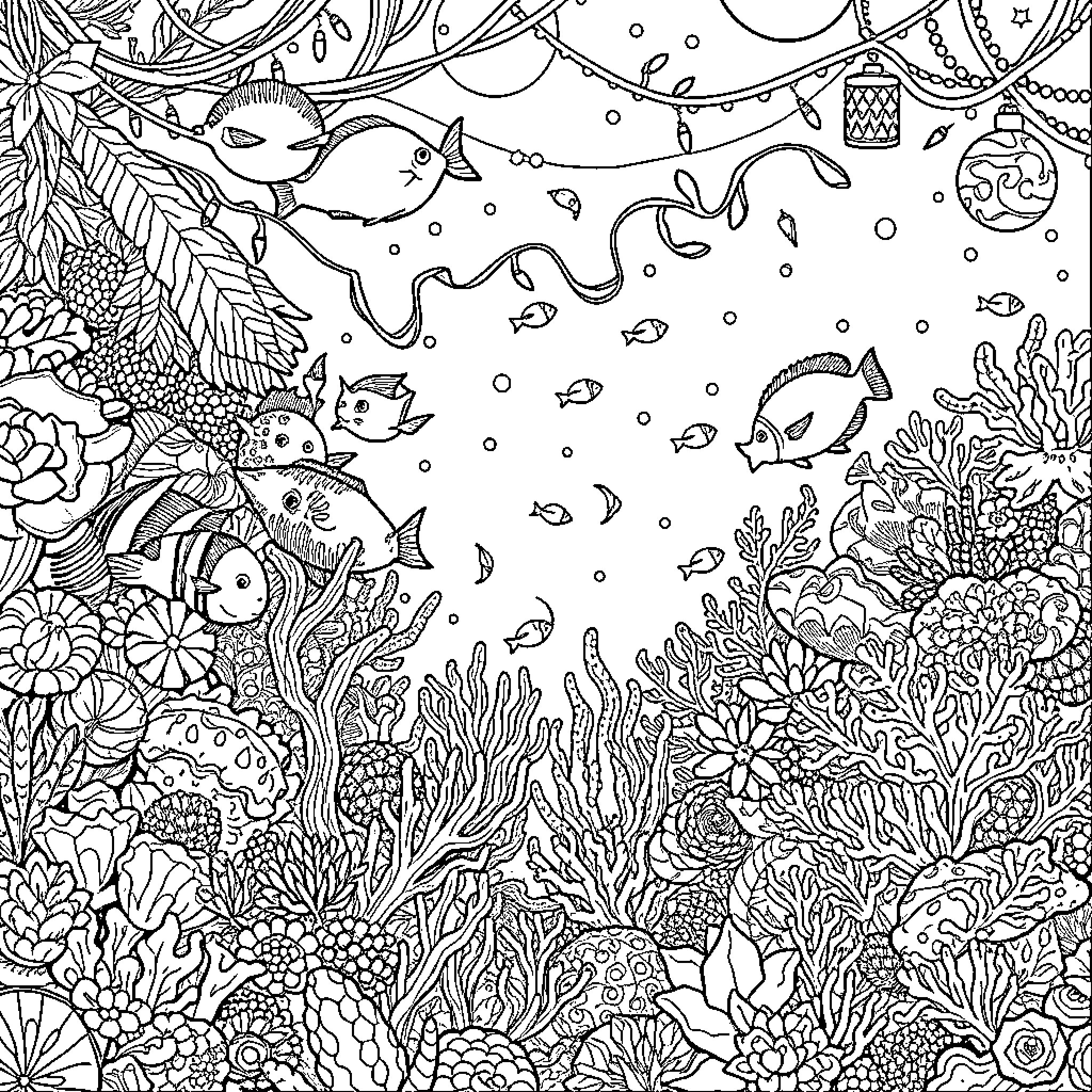 Reef Teeming with Vibrant Marine Life Coloring Page (free black-and-white line drawing printable PDF for all, from beginners to advanced learners, including children, teens, adults, and seniors)