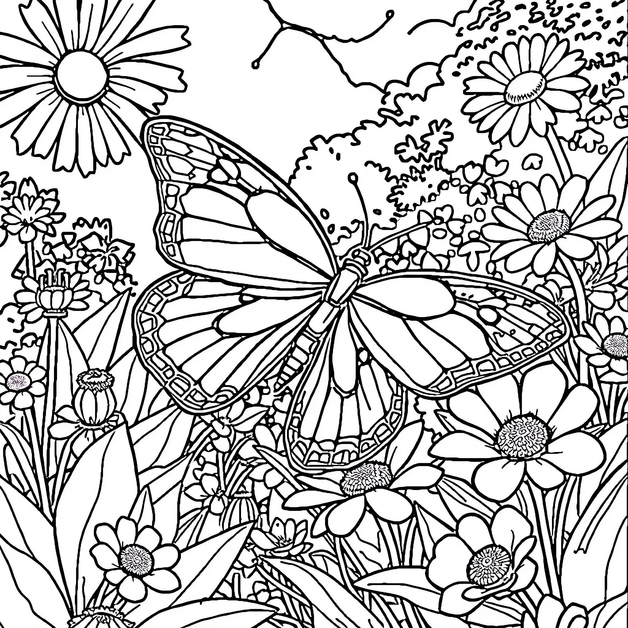 Papillon dancing amidst vibrant floral garden Coloring Page (free black-and-white line drawing printable PDF for all, from beginners to advanced learners, including children, teens, adults, and seniors)